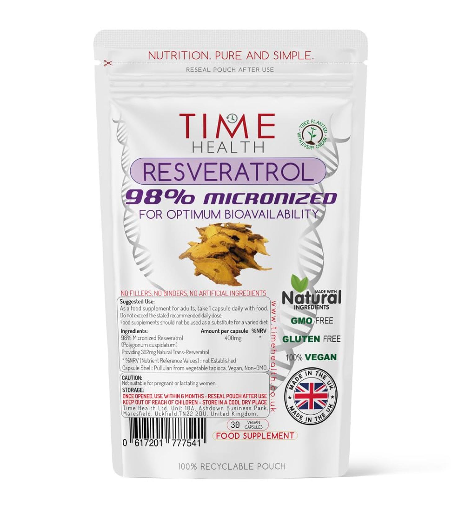 Organic 98% Micronized Resveratrol Capsules - High Bioavailability - Pure Trans Resveratrol from Japanese Knotweed - UK Made - No Additives (30 Capsules) - Buy Online on GoSupps.com