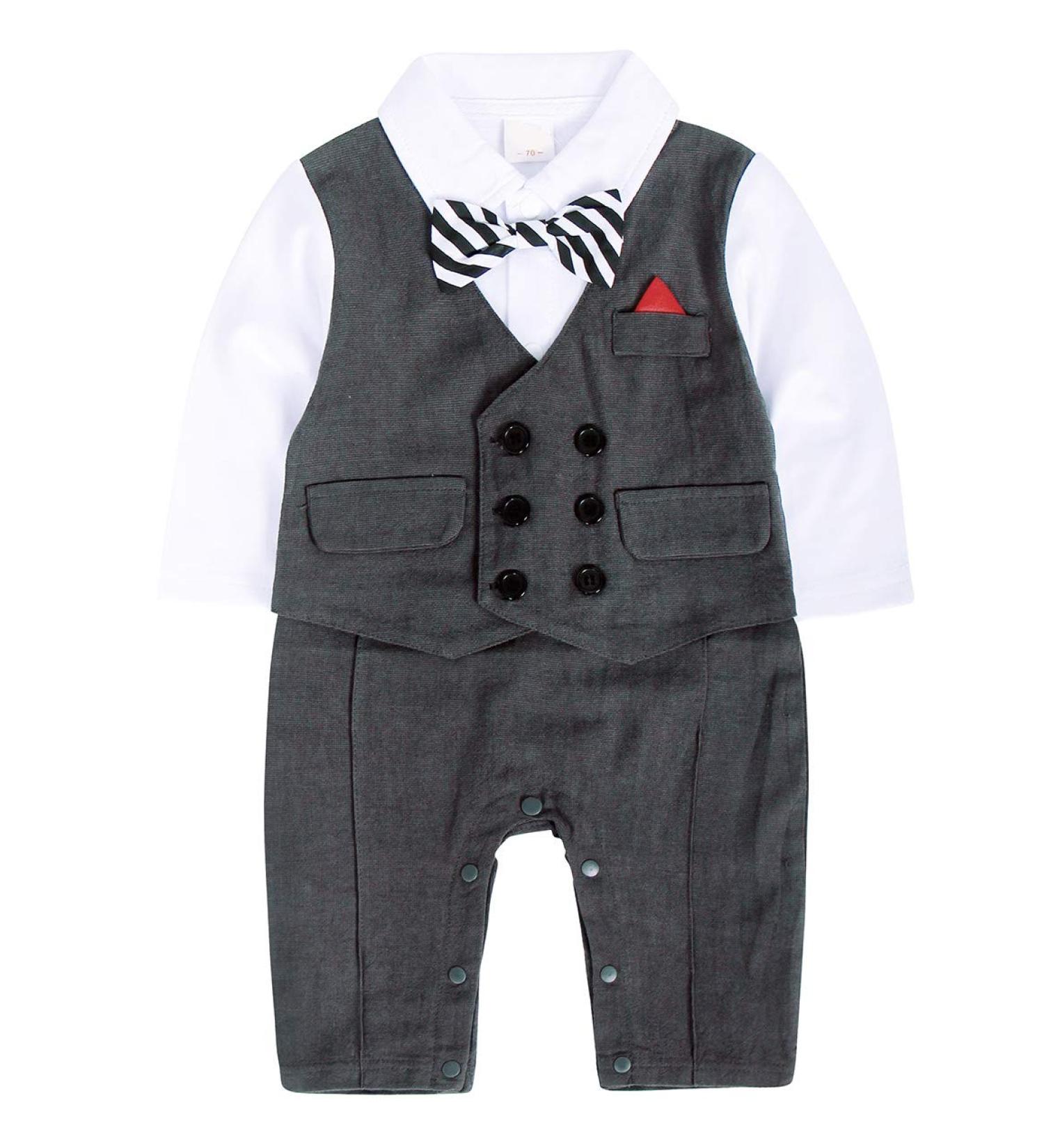 AmzBarley Baby Boys Gentlemans Tuxedo Romper Suit | Long/Short Sleeve Shirt, Pants, Vest, Bowtie | Black | 6-12 Months - Buy Online on GoSupps.com
