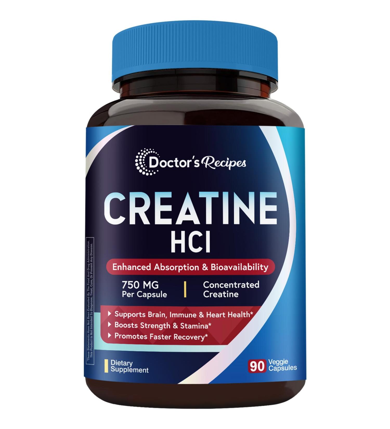 Doctor's Recipes Creatine HCl Capsules 750 mg Creatine Hydrochloride for Women & Men Strength & Recovery Brain Health Fast Absorbing Vegan 90 Capsules - Buy Online on GoSupps.com
