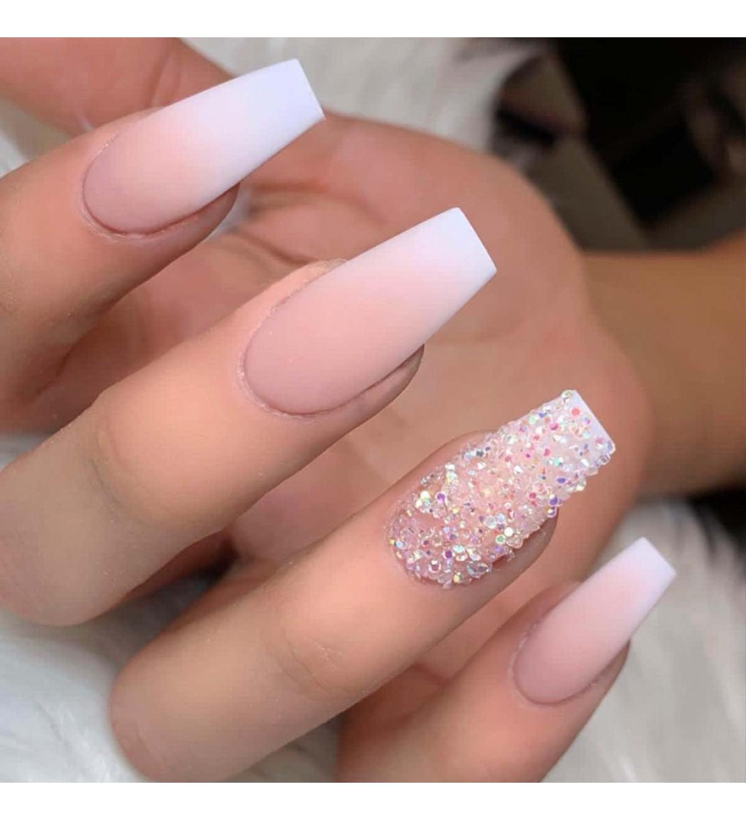 Shop Medium Press on Nails - Coffin Shape Matte Gradient Pink with Rhinestones | 24Pcs Full Cover Glue-On Acrylic Nails for Women & Girls - Buy Online on GoSupps.com