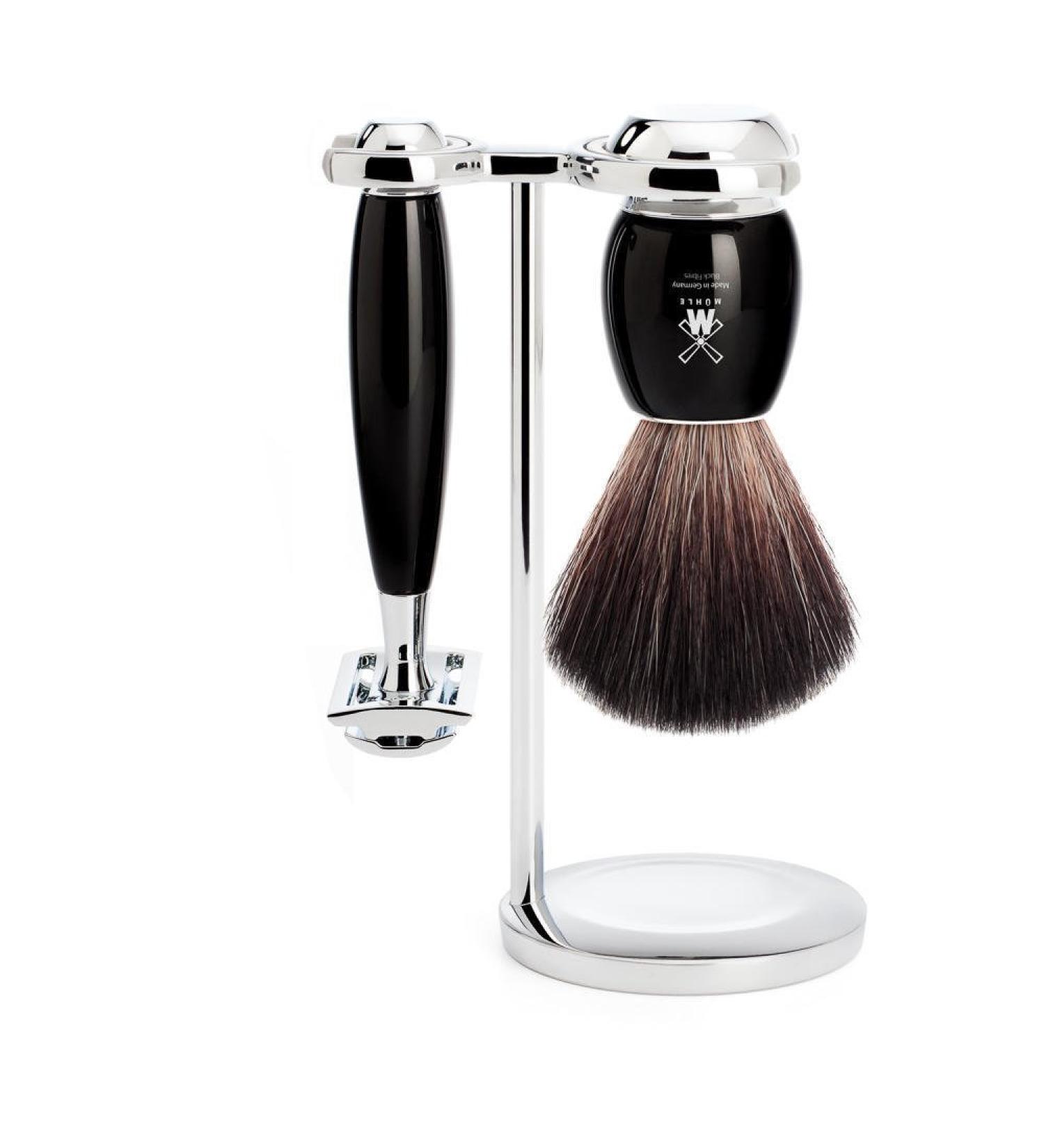 M HLE Vivo Shaving Set - Black Fibre Brush Safety Razor & Stand | Luxury Shaving Kit with Black Resin Handle - Buy Online on GoSupps.com
