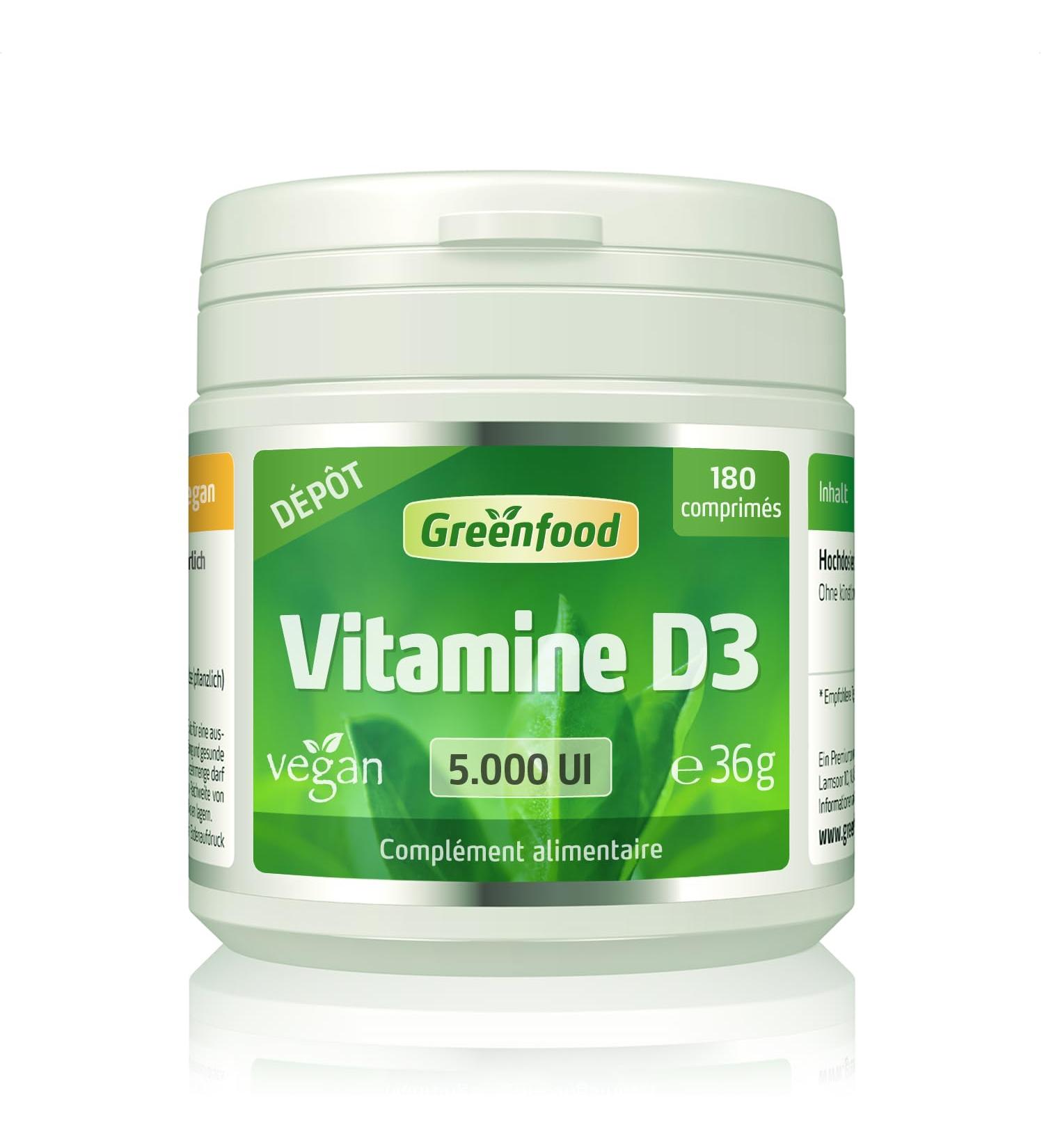Greenfood Vitamin D3 5000 IU High Dose 180 Tablets Depot Vegan. Helps strengthen bones teeth and immunity. No artificial additives. Non-GMO. Lactose-free. Gluten free. - Buy Online on GoSupps.com