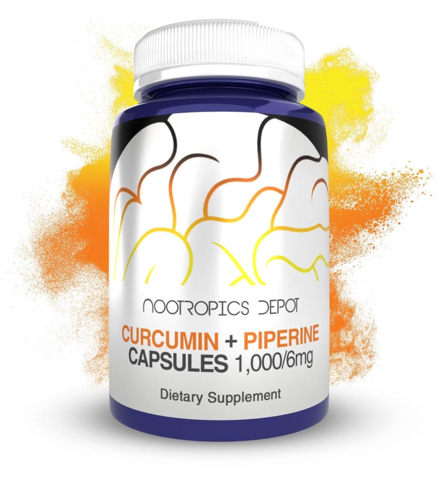 Nootropics Depot Curcumin + Piperine Capsules | 1000mg Curcumin + 6mg Piperine | 180 Count 180 Count (Pack of 1)