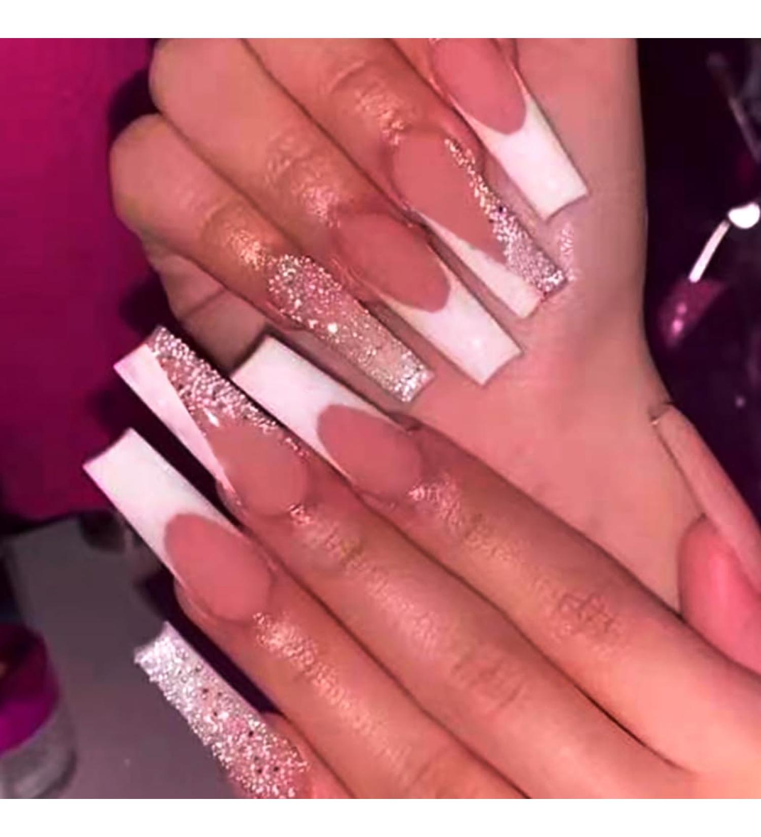 Brishow Pink Artificial Nails - Long French Glitter Press-On Ballerina Acrylic Nails - 24 Premium Stick-On Fake Nails for Women & Girls - Buy Online on GoSupps.com