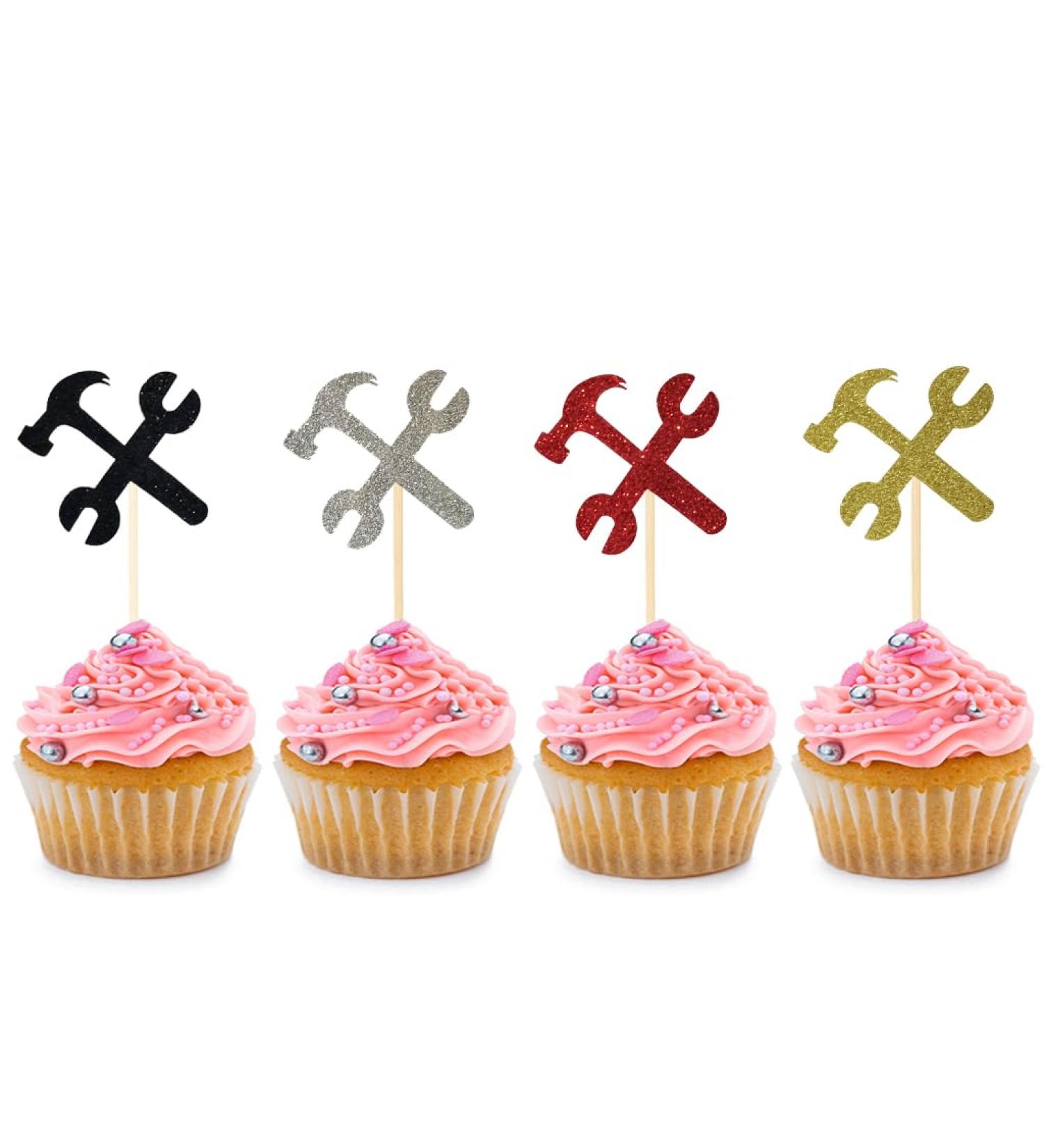 BoningNEW 24 PCS Repair Tools Cupcake Toppers Hammer Wrench Cupcake Picks for Kids Birthday Party Wedding ServiceTheme Party Cake Decorations Supplies(Glitter four colors: Black Gold Silver Red) - Buy Online on GoSupps.com