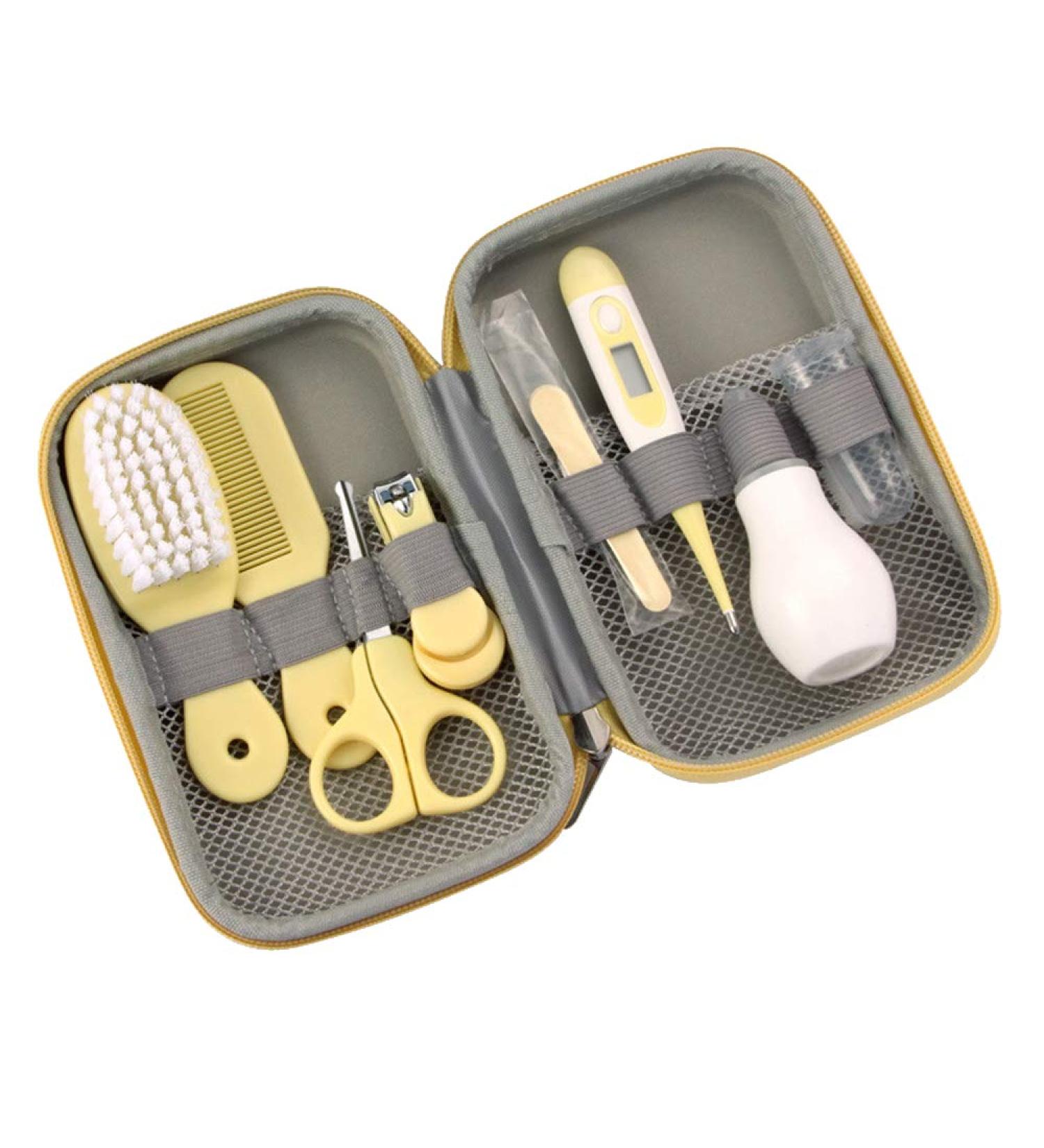 ZELINYE 8 in 1 Baby Grooming Kit - Hair Brush, Nail Clipper, Nose Cleaner, Finger Toothbrush, Nail Scissors - Manicure Set for Baby Care - Yellow - Buy Online on GoSupps.com