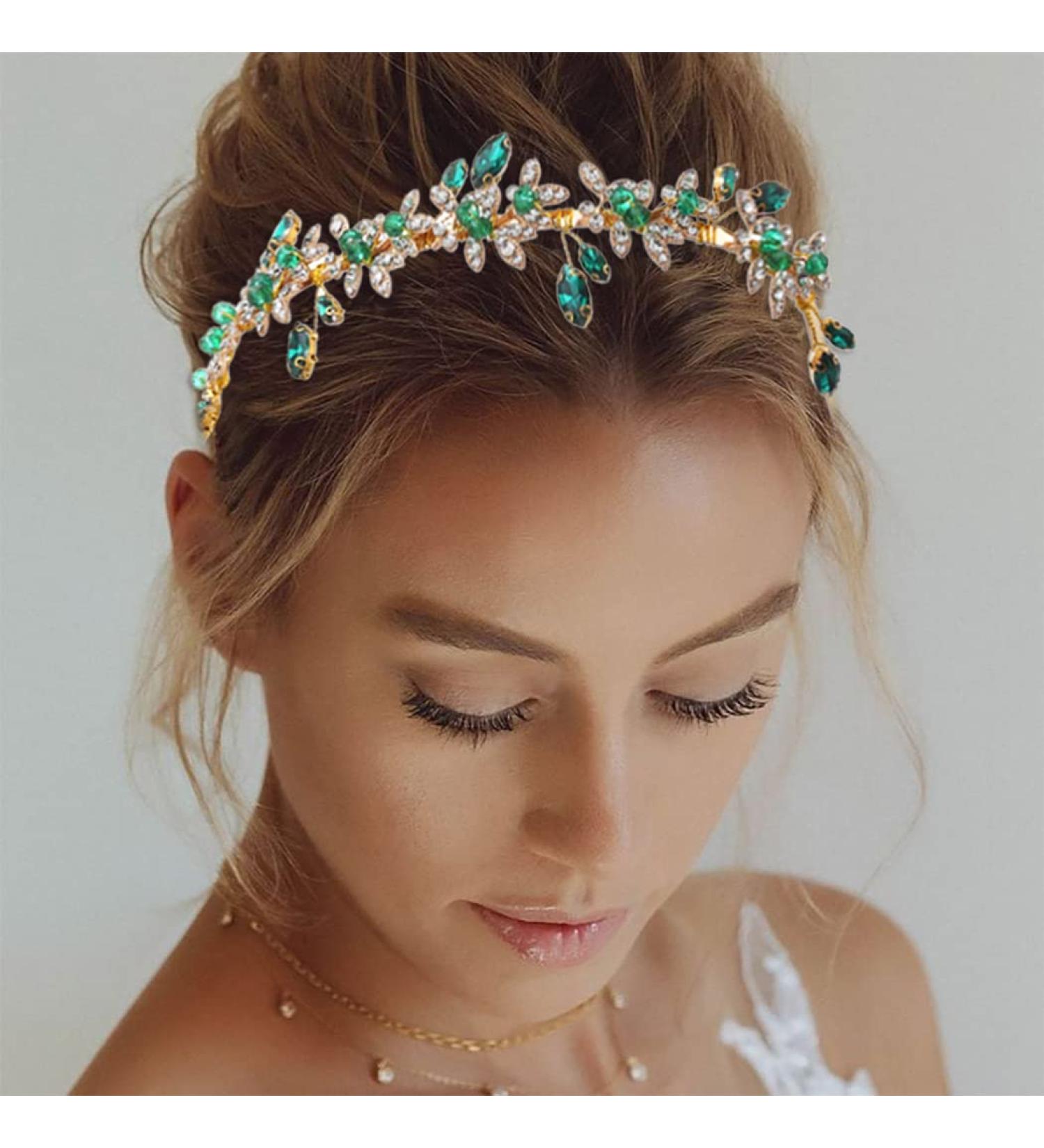 Green Rhinestone Gold Leaf Wedding Headpiece - Bridal Crystal Hair Hoop for Women and Girls - Buy Online on GoSupps.com