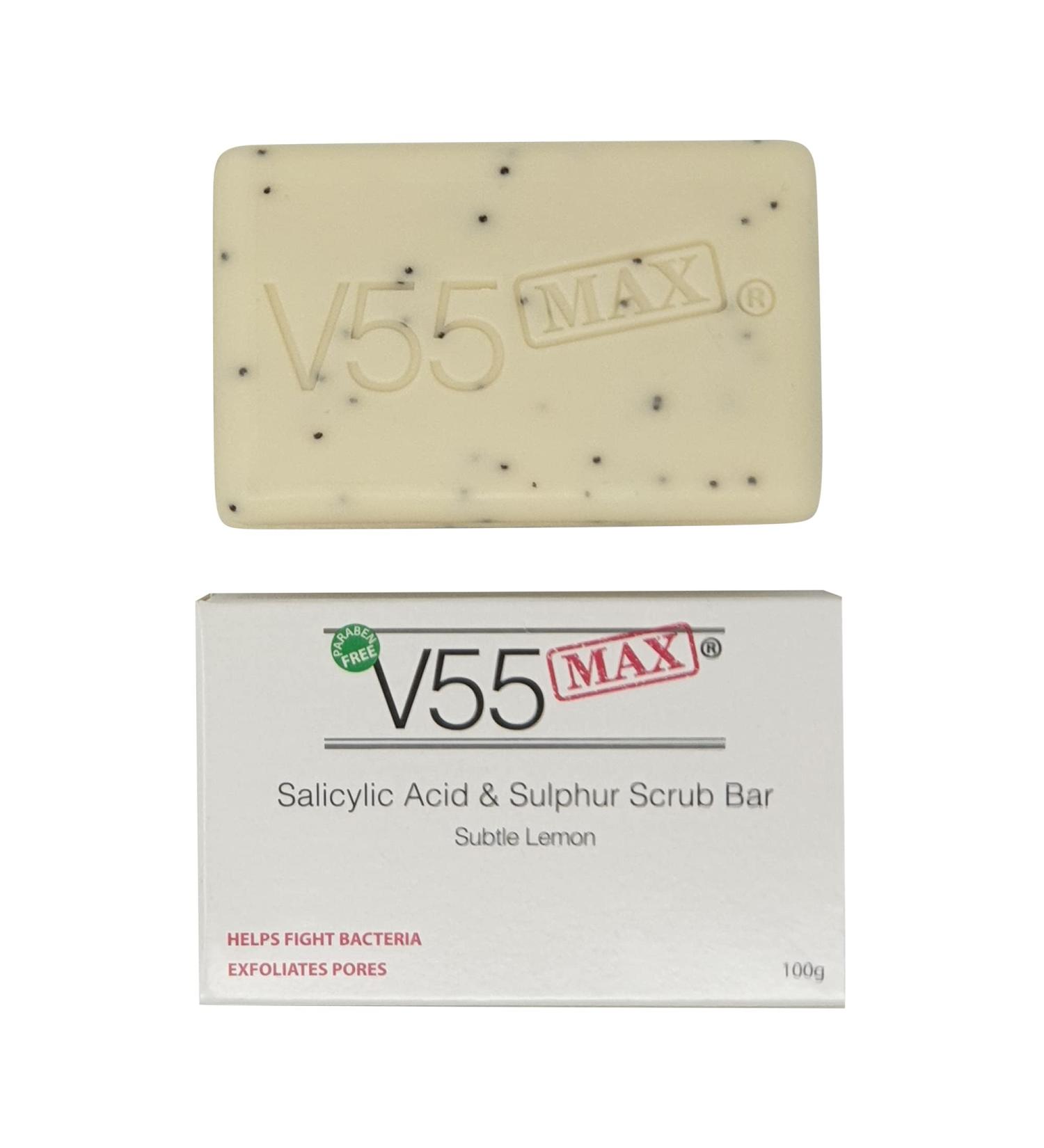 V55 MAX Salicylic Acid Tea Tree Oil and Sulphur Soap Scrub - 100g, Paraben and Cruelty Free - Buy Online on GoSupps.com