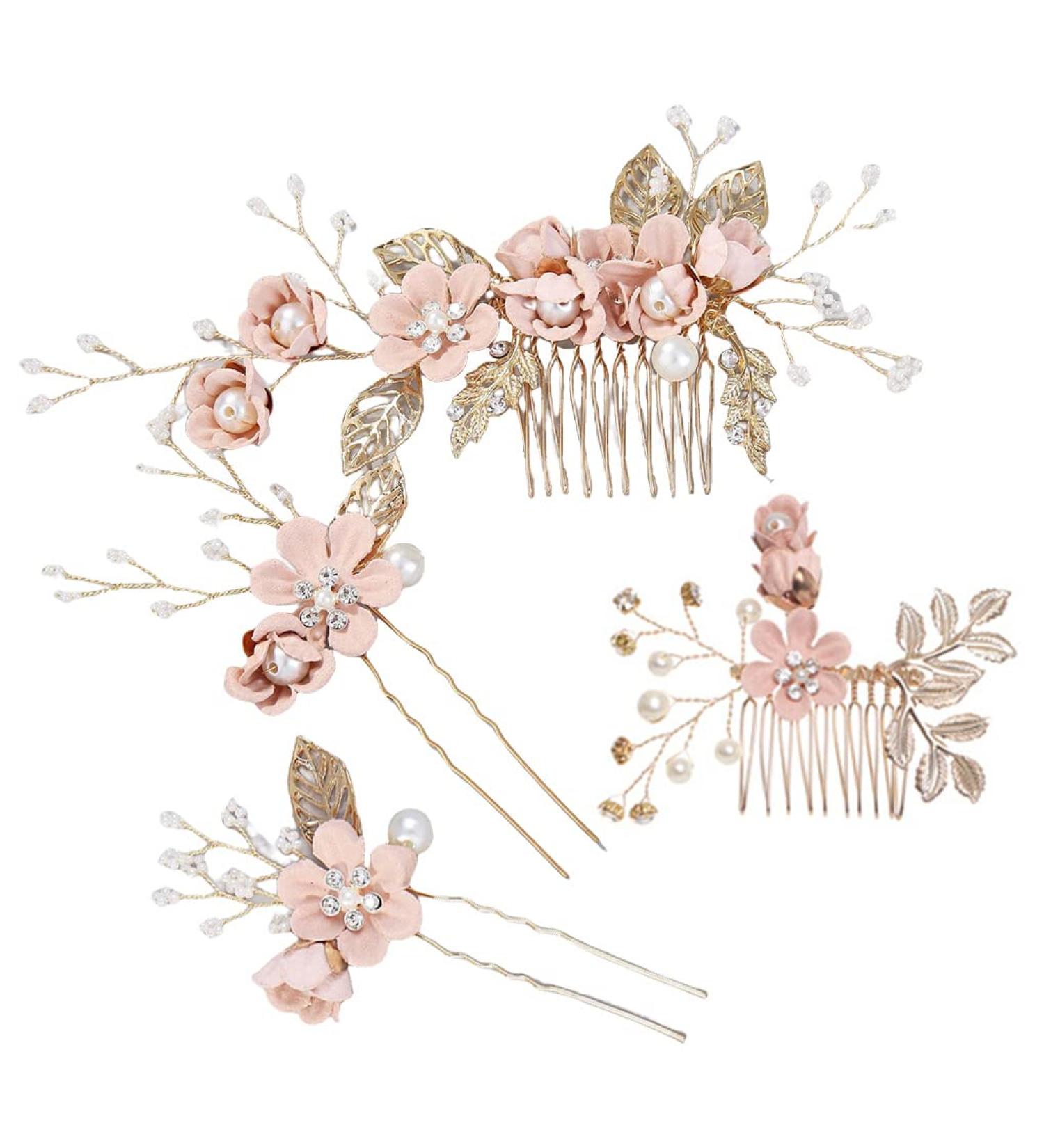 budiniao 4 Pieces Wedding Flower Hair Combs Decorations Headpieces Set Stylish Elegant Girls Headwear Beautiful Bridal Headdress Pink - Buy Online on GoSupps.com