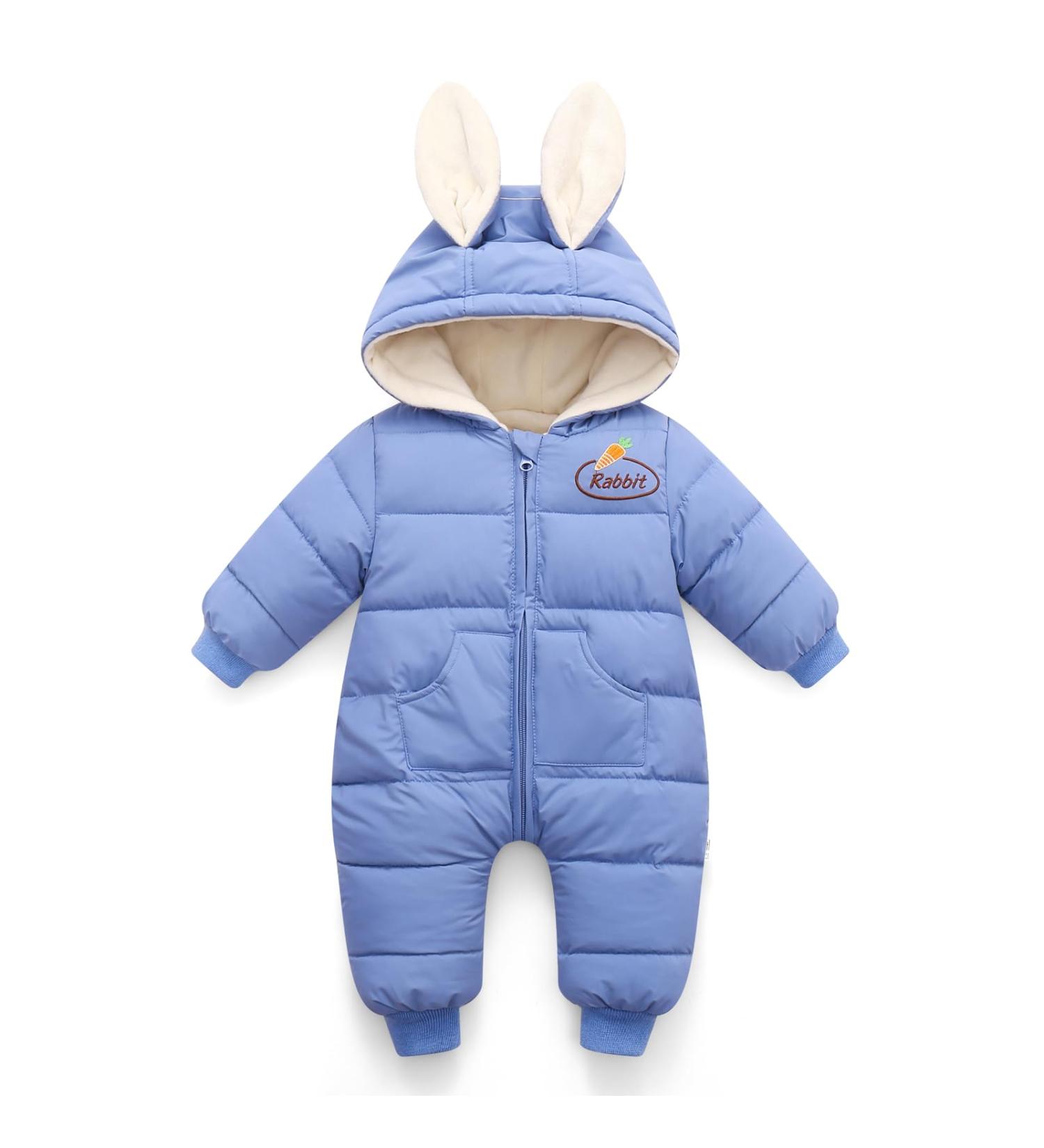 Minizone Baby Snowsuit Winter Romper | 12-18 Months Blue Jumpsuit for Girls Boys | Cotton Hooded Outfit with Cartoon Rabbit Design - Buy Online on GoSupps.com