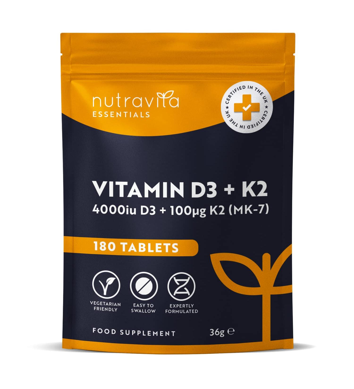 Nutravita Vitamin D3 4000iu & K2 100ug Vegetarian Tablets | 180ct High Strength Supplement for Bones, Muscles & Immune System | 6 Month Supply - Buy Online on GoSupps.com