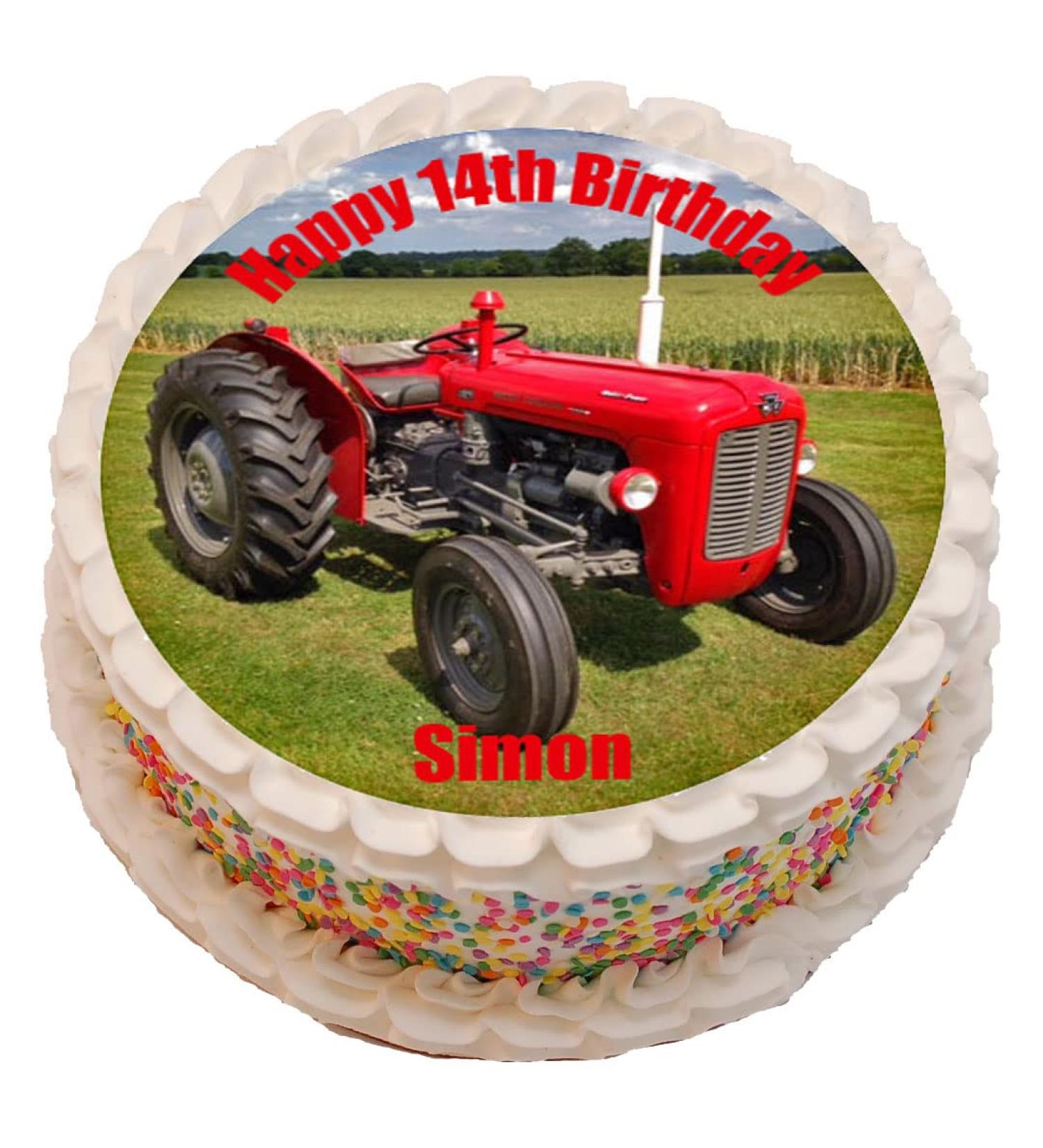Red Vintage Massey Ferguson Tractor Theme Personalised PRECUT Cake Topper 7.5 Inch Round Edible Icing Sheet Birthday Decoration
