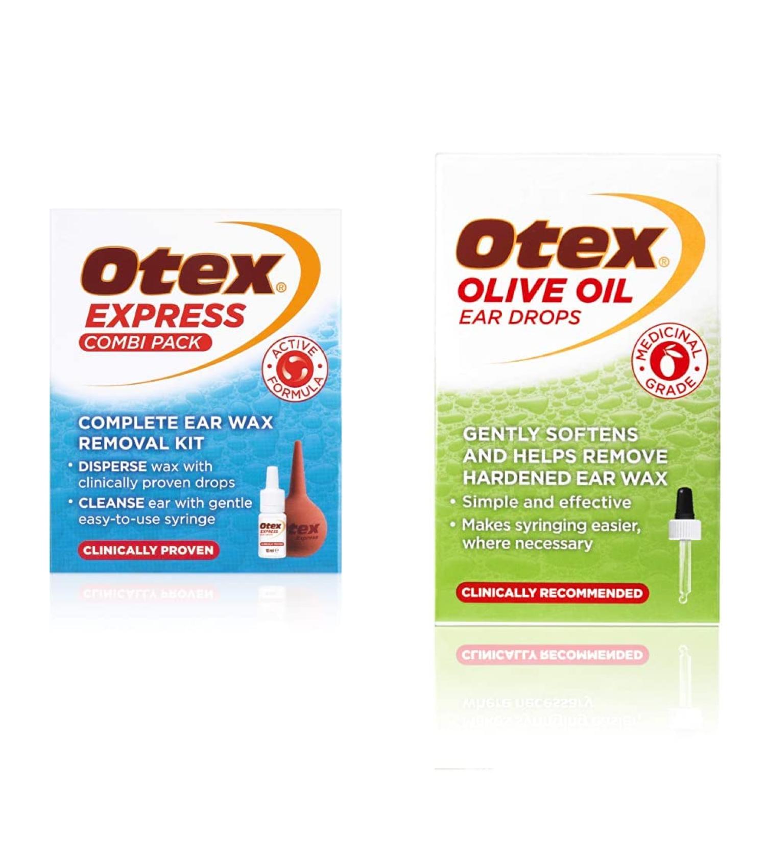 Otex Express Combi Pack Drops with Ear Syringe 10ml & Olive Oil Ear Drops 10ml. Ear Wax Removal Drops For Excessive Hardened Ear Wax + Olive Oil Ear Drops - Buy Online on GoSupps.com