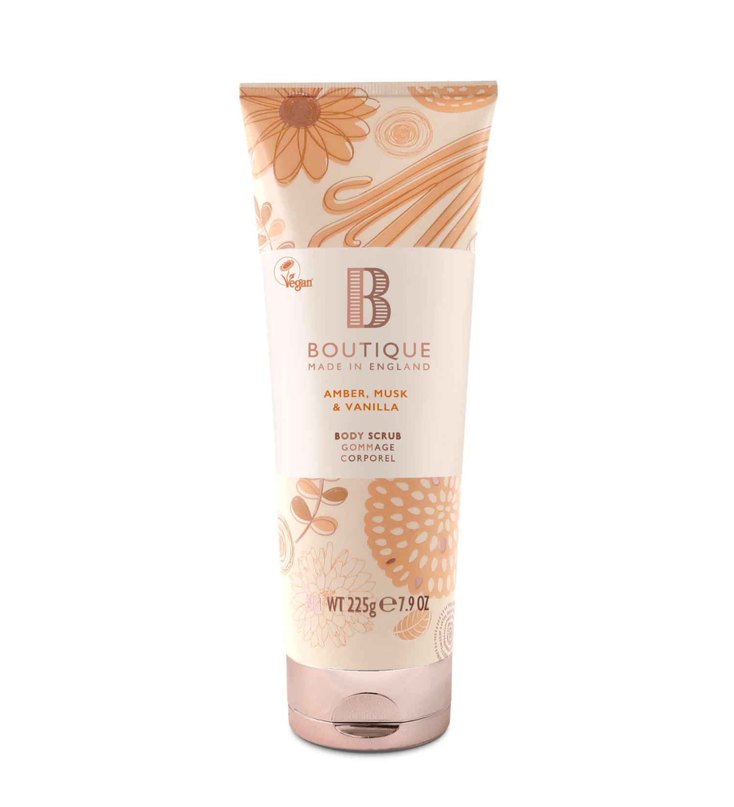 Boutique Amber Musk & Vanilla Hair & Body Scrub - 225g | Deep Cleansing & Softening Formula - Shop Internationally! - Buy Online on GoSupps.com