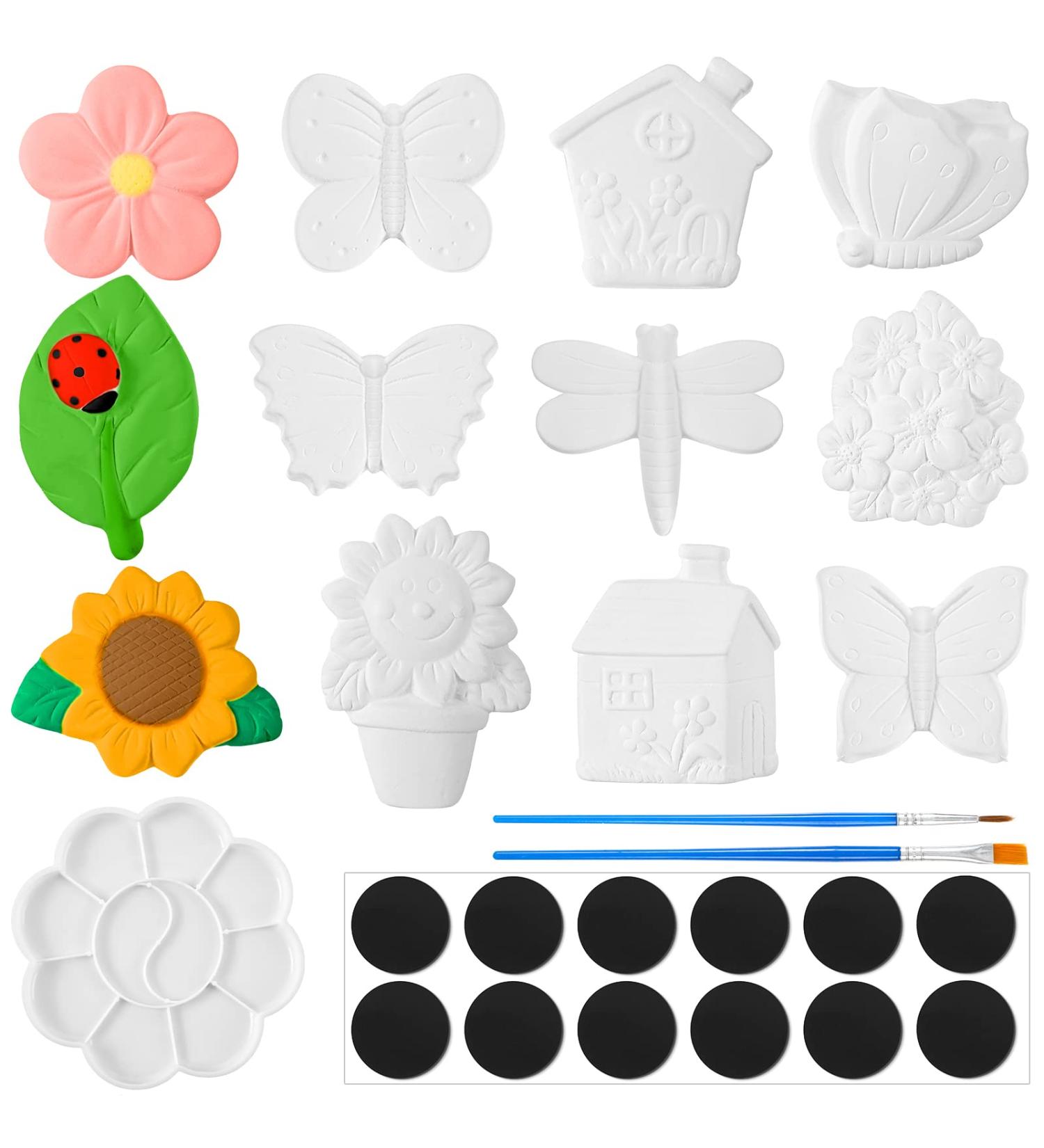 Kids' DIY Ceramic Painting Kit - 27 Pcs Arts and Crafts Set with 12 Figurines, 12 Magnets, 2 Brushes, 1 Palette - Butterfly Design - Toddler Ceramic Painting Kit - Buy Online on GoSupps.com