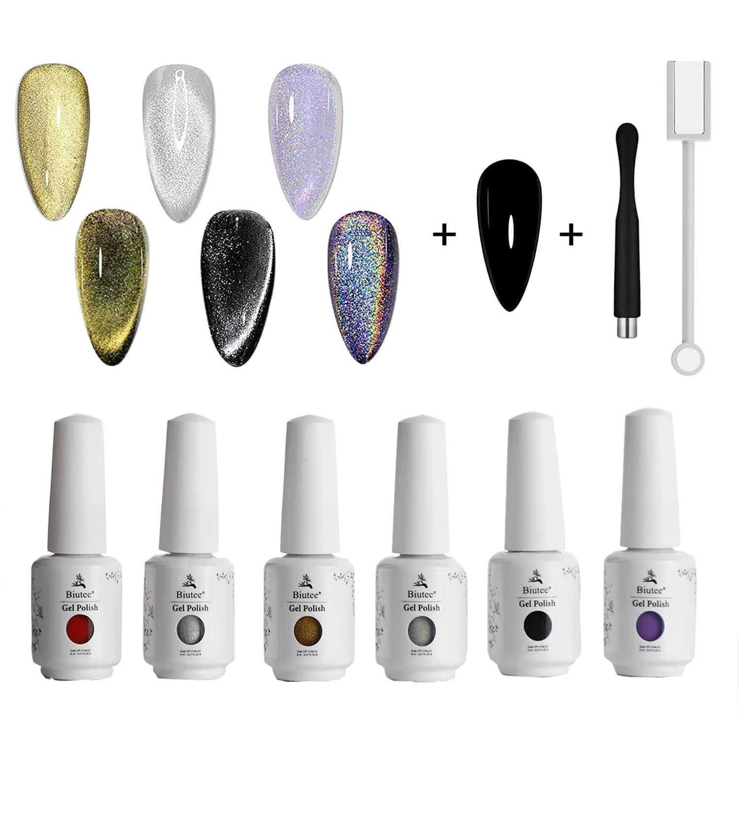 Biutee Holographic Glitter 9D Cat Eye Gel Nail Polish Kit 6 colors - Magnetic Gel Polish and Black Color Gel Soak Off UV Gel Nail Art Varnish - Home DIY Nail Art Salon - Buy Online on GoSupps.com