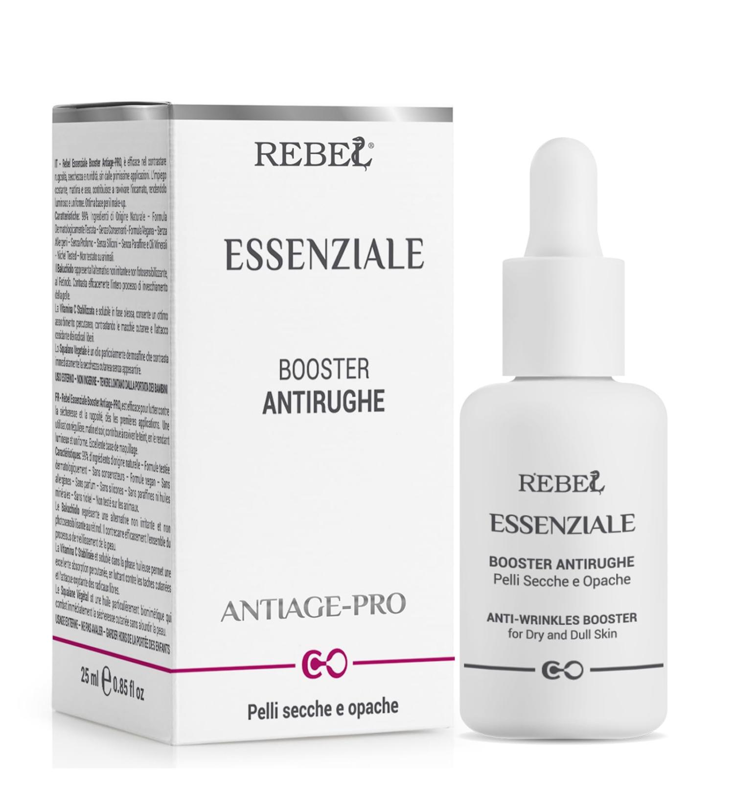 Rebel ESSENTIAL | Anti-Wrinkle Booster Face Serum | Illuminating Antioxidant | Bakuchiol and Vitamin C | Anti-Spots and Anti-Ageing | 99% natural origin | 25 ml dropper - Buy Online on GoSupps.com