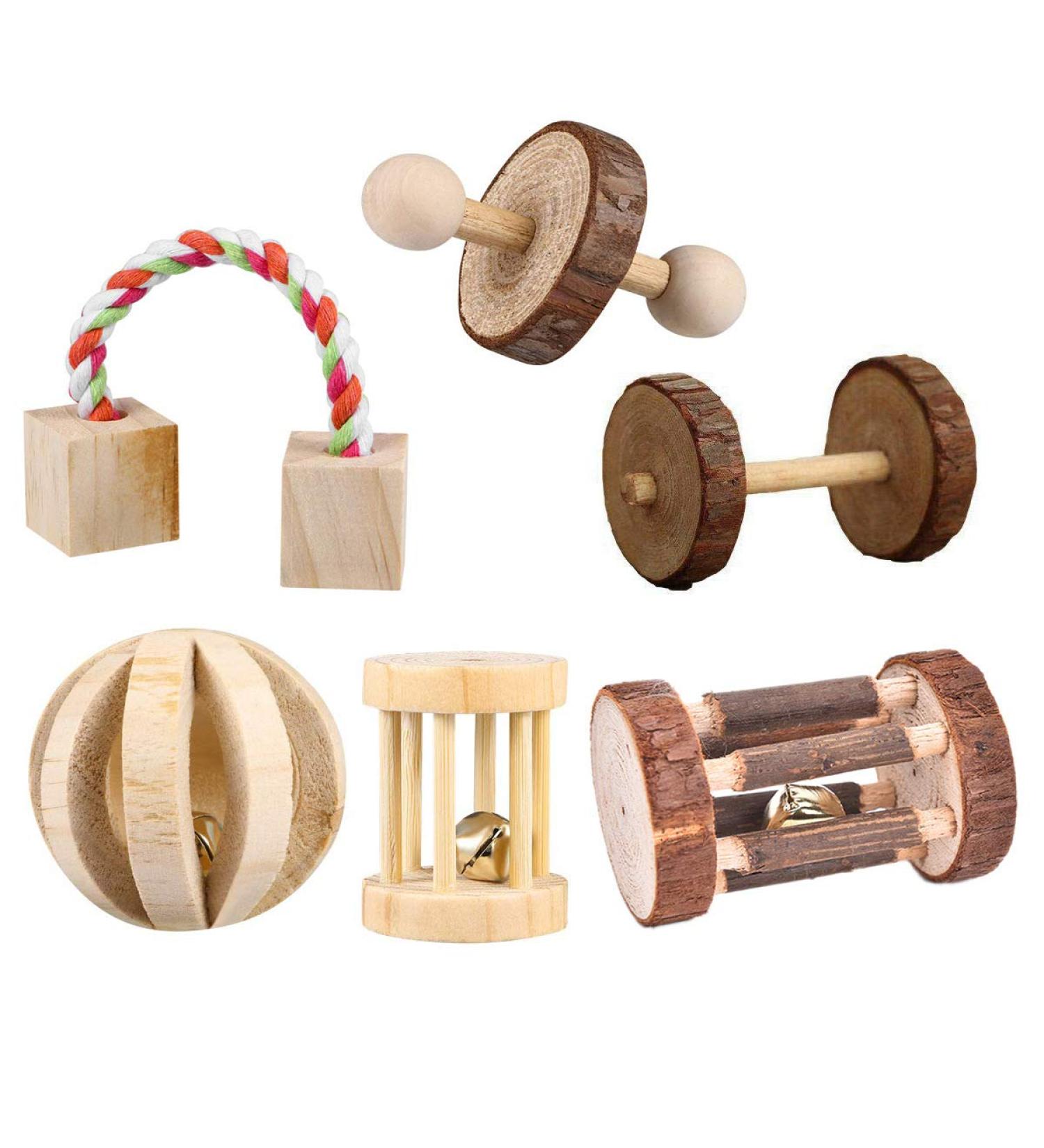 CCCYMM 6 Pcs Pet Natural Wooden Chew Toys Dumbells Exercise Bell Molar Toy for Parrot Rabbit Chinchilla Guinea Pig Hamster Small Animals - Buy Online on GoSupps.com