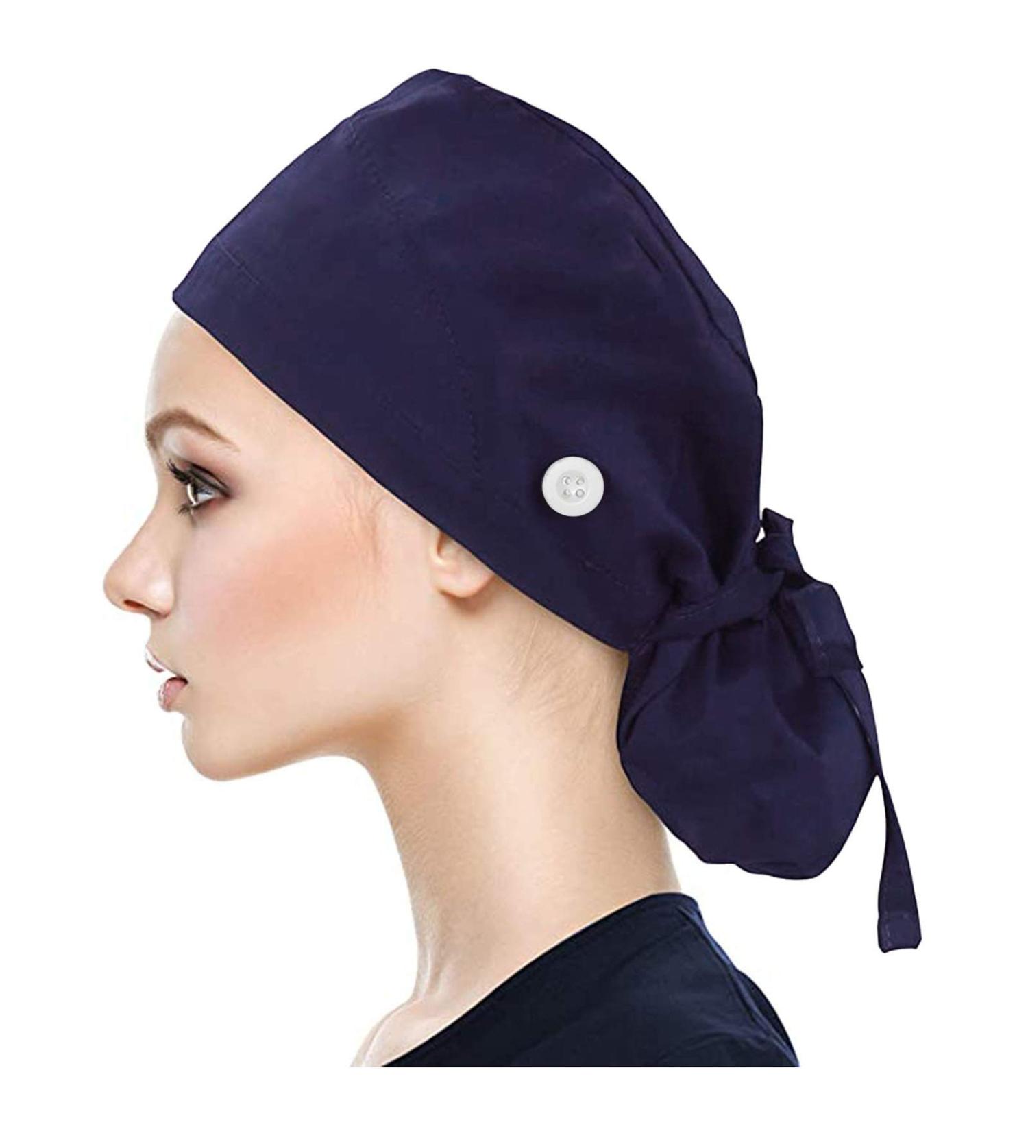 Women's Ponytail Scrub Cap with Buttons for Mask Sweatband, Long Hair Friendly | One Size Fits All - Buy Online on GoSupps.com