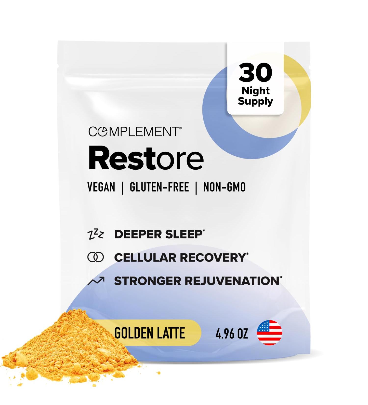 Complement Restore Golden Latte - Calm Magnesium Powder Deep Sleep Aid Drink - Reishi Ashwagandha Valerian & L-Theanine - Nighttime Recovery Relaxation Adaptogens Mix - No Melatonin (30 Servings) 30 Servings (Pack of 1 - Buy Online on GoSupps.com