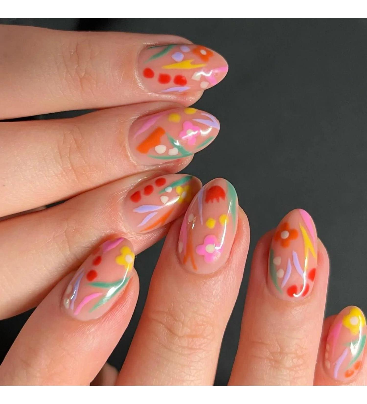 Medium Press On Nails  BettyCora SPRING SUMMER NAILS Press Nails 24 Fake Nails with Nail Glue Stick on Nails for Women Acrylic nails Press On Manicure Kit (Innocent Flower Park) A17- Innocent Flower Park - Buy Online on GoSupps.com