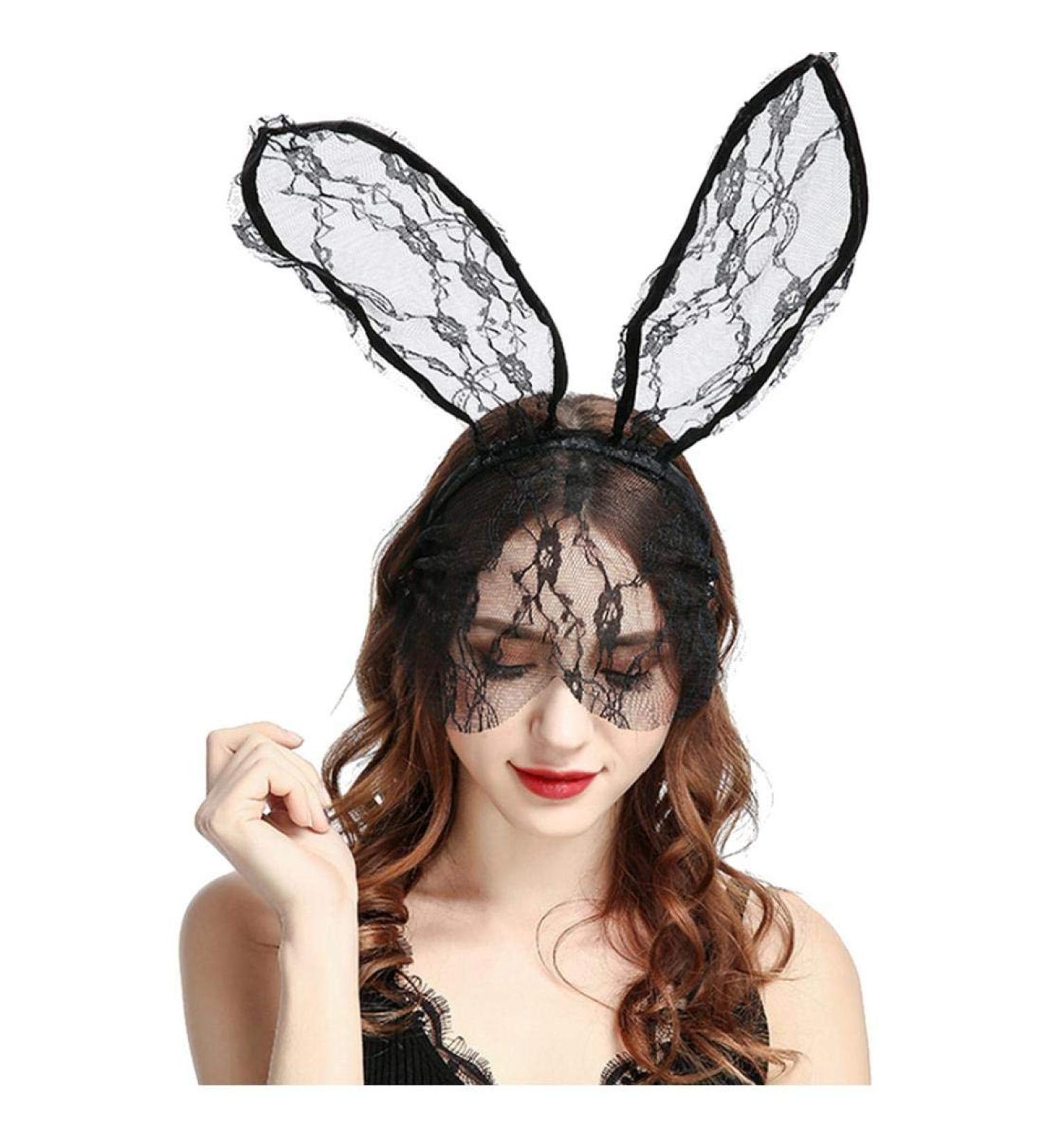 Women Girl Hairbands Lace Rabbit Bunny Ears Veil Black Eye Mask Halloween Party Headwear Hair Accessories - Buy Online on GoSupps.com