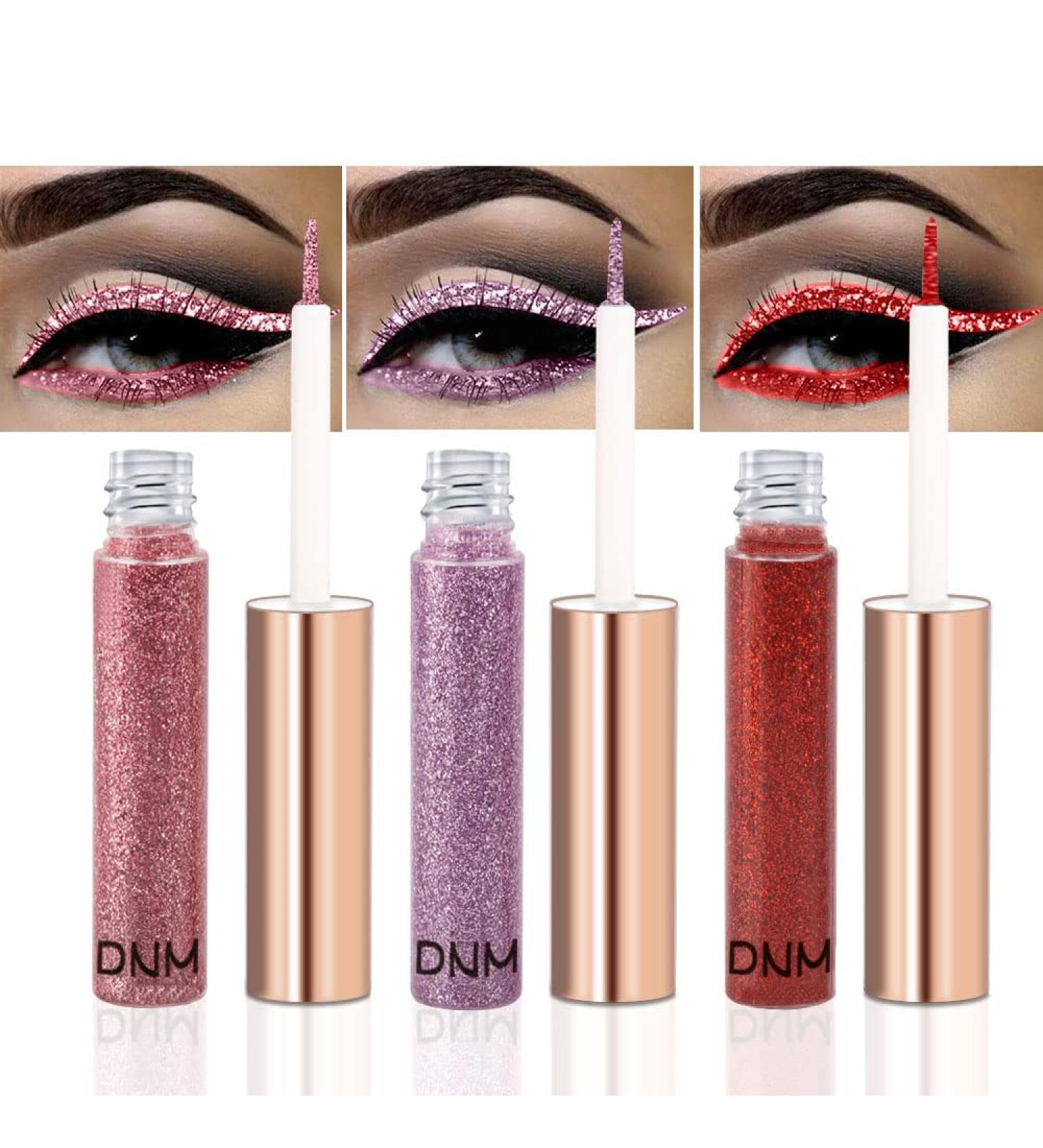 DNM 3Pcs Glitter Liquid Eyeliner Set - Pink Purple Red | Shimmer Metallic Eye Makeup - Pack of 3 - Buy Online on GoSupps.com