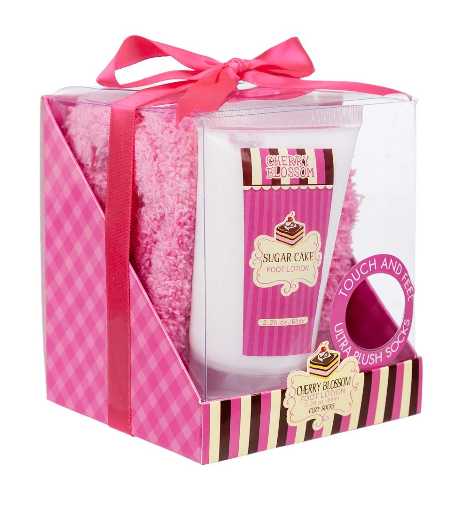 Ladies Cherry Blossom Gift Set: Foot Lotion and Cosy Socks - Pink Box with Bow - Buy Online on GoSupps.com