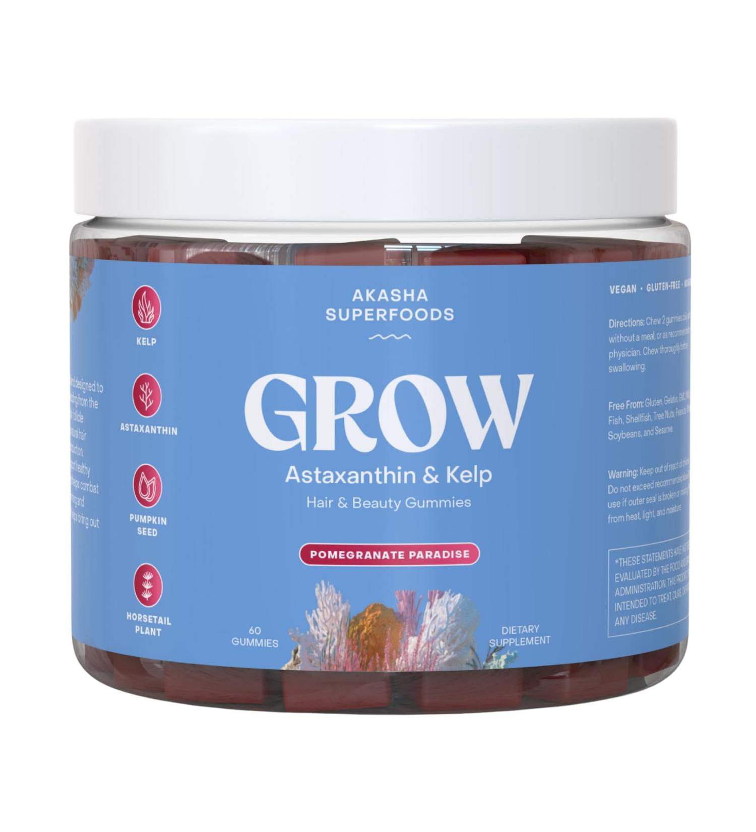 Akasha Superfoods Grow Hair & Beauty Gummies, Supplement with Zinc, Vitamin E, Astaxanthin, Kelp, & Pumpkin Seed, Plant Based Gummies for Women & Men, Gluten Free, Vegan, American Made, 60 Count - Buy Online on GoSupps.com