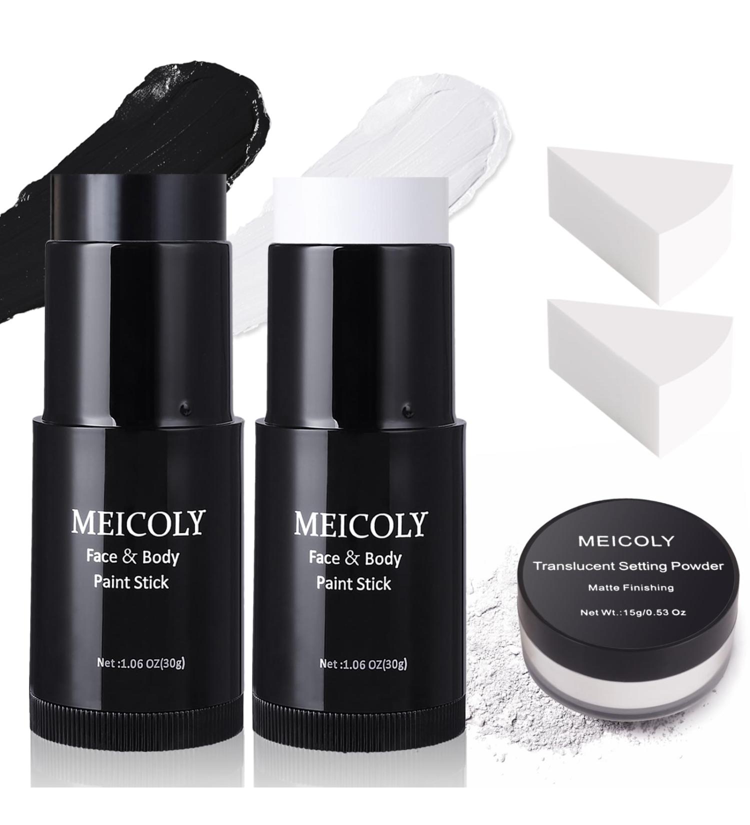 MEICOLY Black White Face Body Paint Stick Set - Complete Halloween Makeup with Sponges & Setting Powder for Adults & Kids Perfect for Clown SFX Skull Zombie and Goth Looks - Buy Online on GoSupps.com