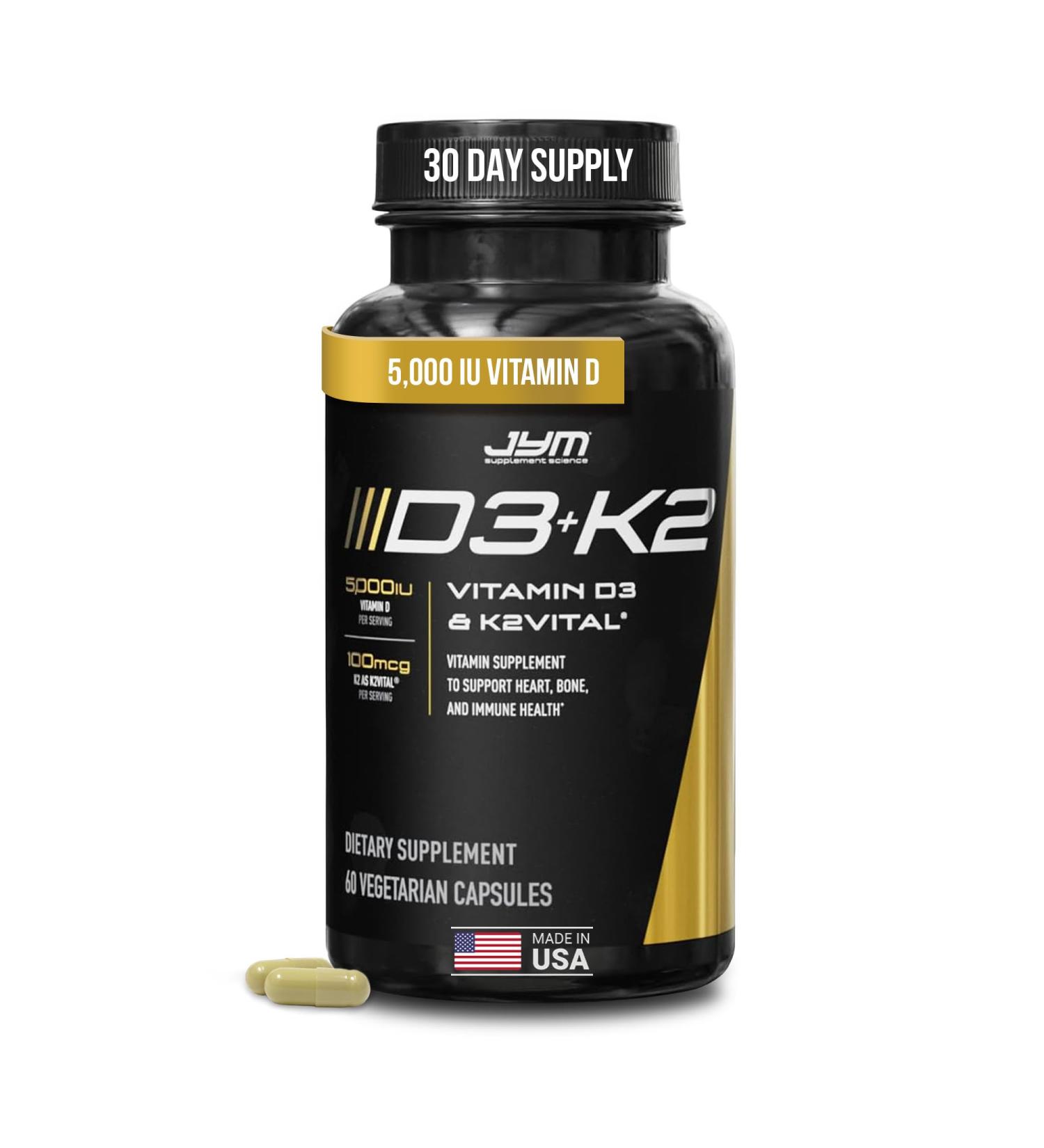 JYM D3 + K2 with 5000iu D3 & 100mcg of Vitamin K2 as MK-7, Bone, Cardiovascular + Immune Health for Men & Women, Softgel - Buy Online on GoSupps.com