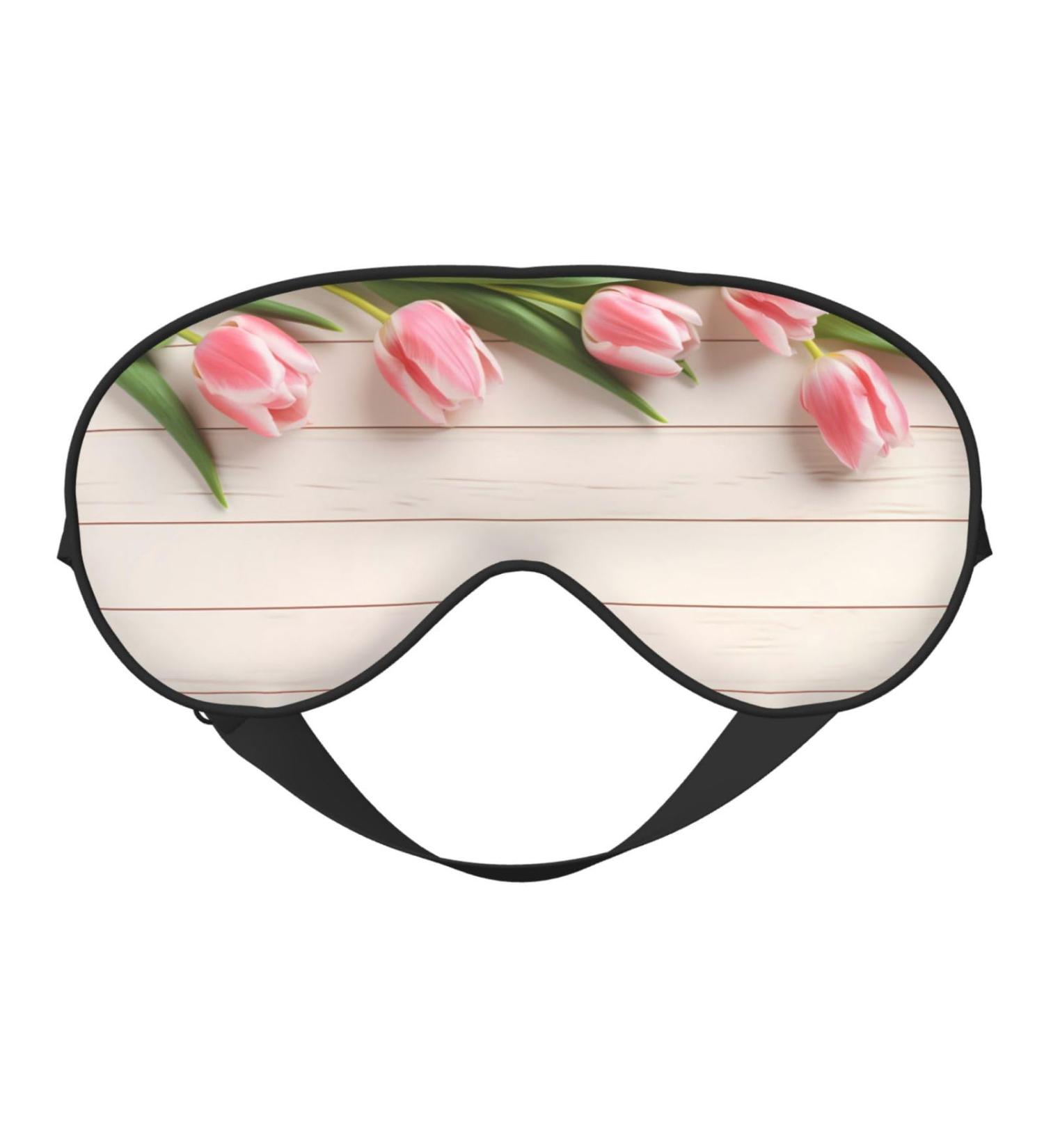 Soft Sleep Mask for Men & Women | Pink Tulips & Green Leaves | Adjustable Blackout Eye Covers for Travel & Home - Buy Online on GoSupps.com