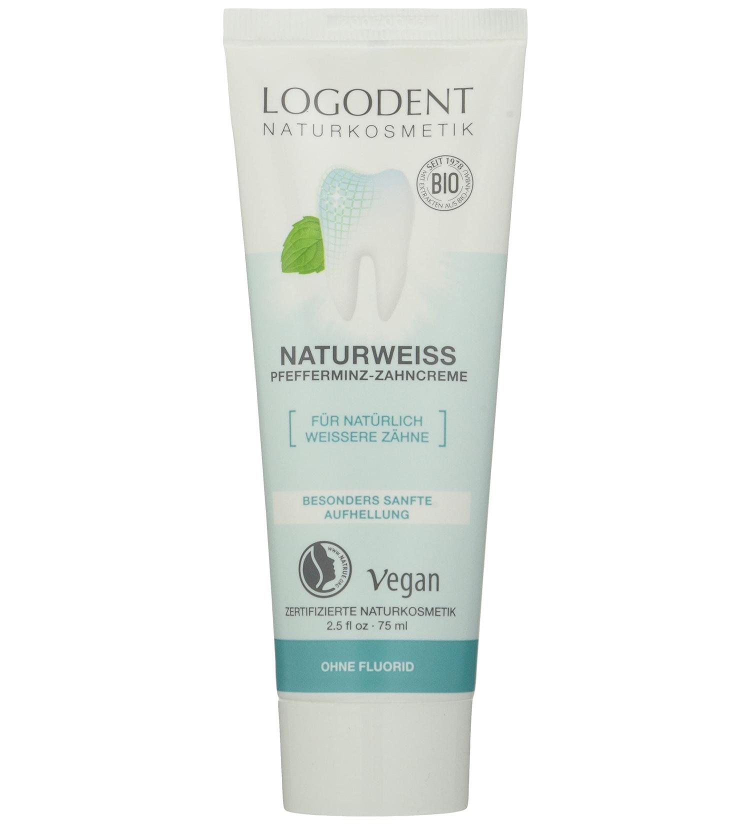 Logodent Natural White Peppermint Toothpaste - Vegan Gentle Teeth Whitening & Enamel Protection - 75ml - Buy Online on GoSupps.com