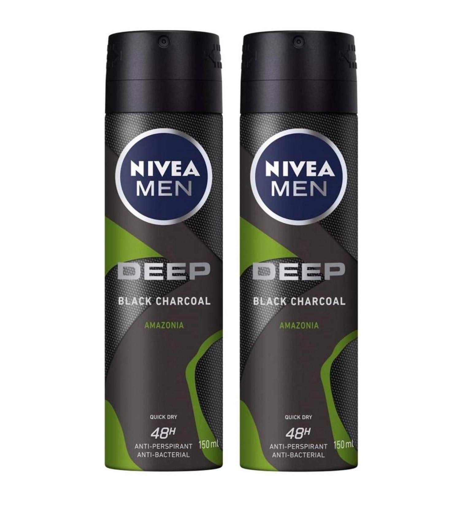 Nivea Men Deep Black Carbon Amazonia Antiperspirant Spray Deodorant -PACK OF 2 X 150 ml 5.07 Fl Oz (Pack of 2) Amazonia