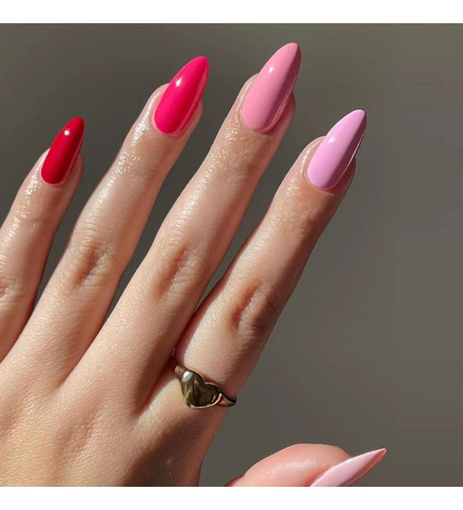 Justotry 24 Pcs Solid Oval Short False Nails - Multiple Pink Colors French Press on Nails with Nail Glue - Almond Medium Stick on Nails for Women - Nail Art Pink & Solid - Buy Online on GoSupps.com
