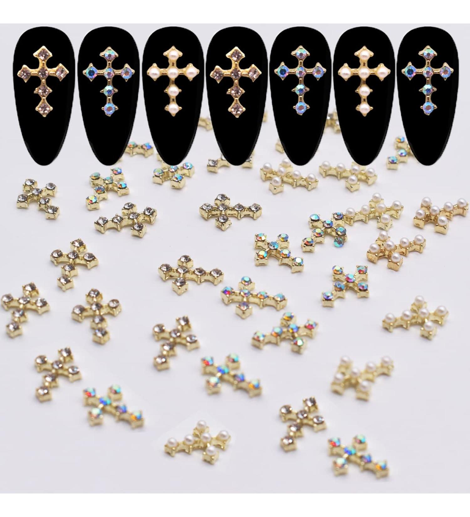 LIFOOST 30pcs Gold Cross Nail Charms for 3D Nail Art - Crystal Rhinestones Studs for Women's Acrylic Nails Designs - Buy Online on GoSupps.com