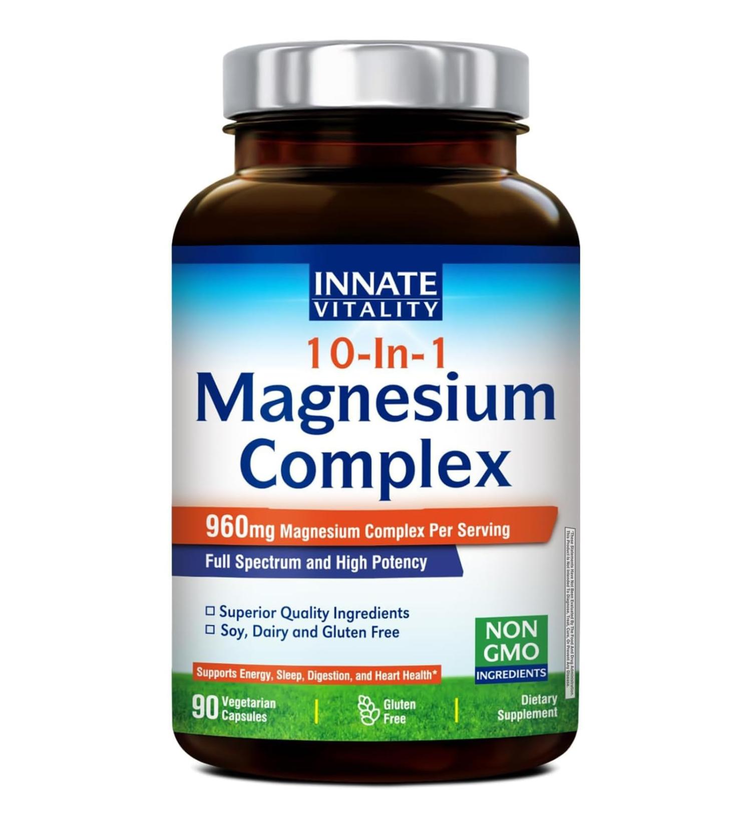 Innate Vitality 10-in-1 Magnesium Complex 960mg 420mg Elemental Mag per Serving with Magnesium Glycinate Citrate Malate and More Sleep Digestion Energy Support 90 Vegan Caps - Buy Online on GoSupps.com