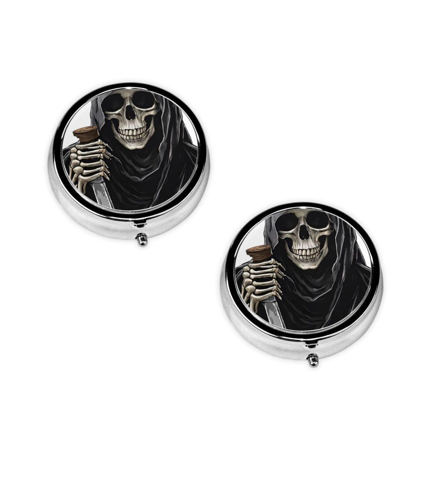 Grim Reaper Round Pill Box - 3 Compartment Decorative Mini Travel Organizer for Vitamins & Medicine - Buy Online on GoSupps.com