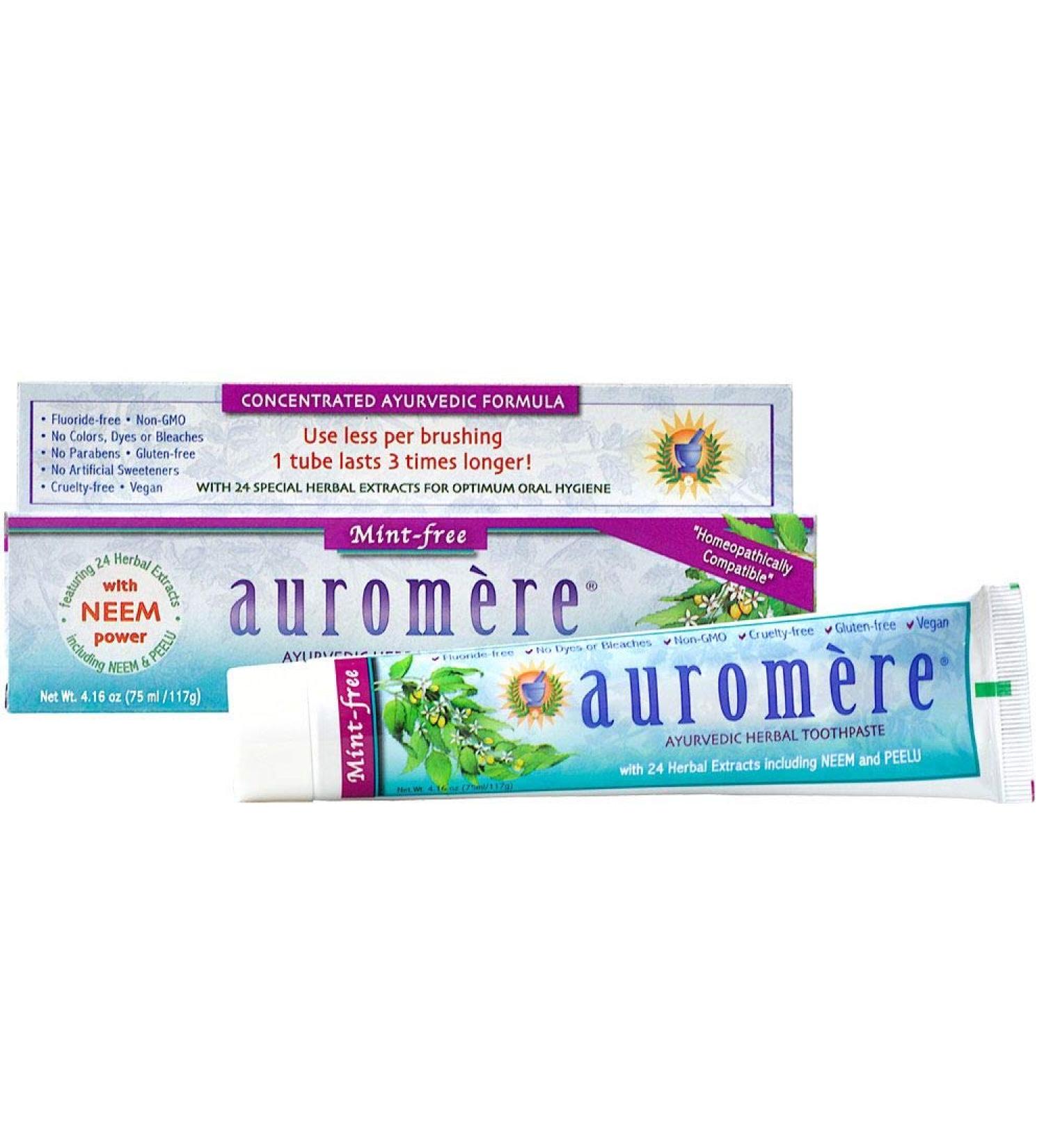 Auromere Ayurvedic Herbal Toothpaste Mint Free - Vegan Natural Non GMO Fluoride Free Gluten Free with Neem & Peelu (4.16 oz) 1 Pack - Buy Online on GoSupps.com