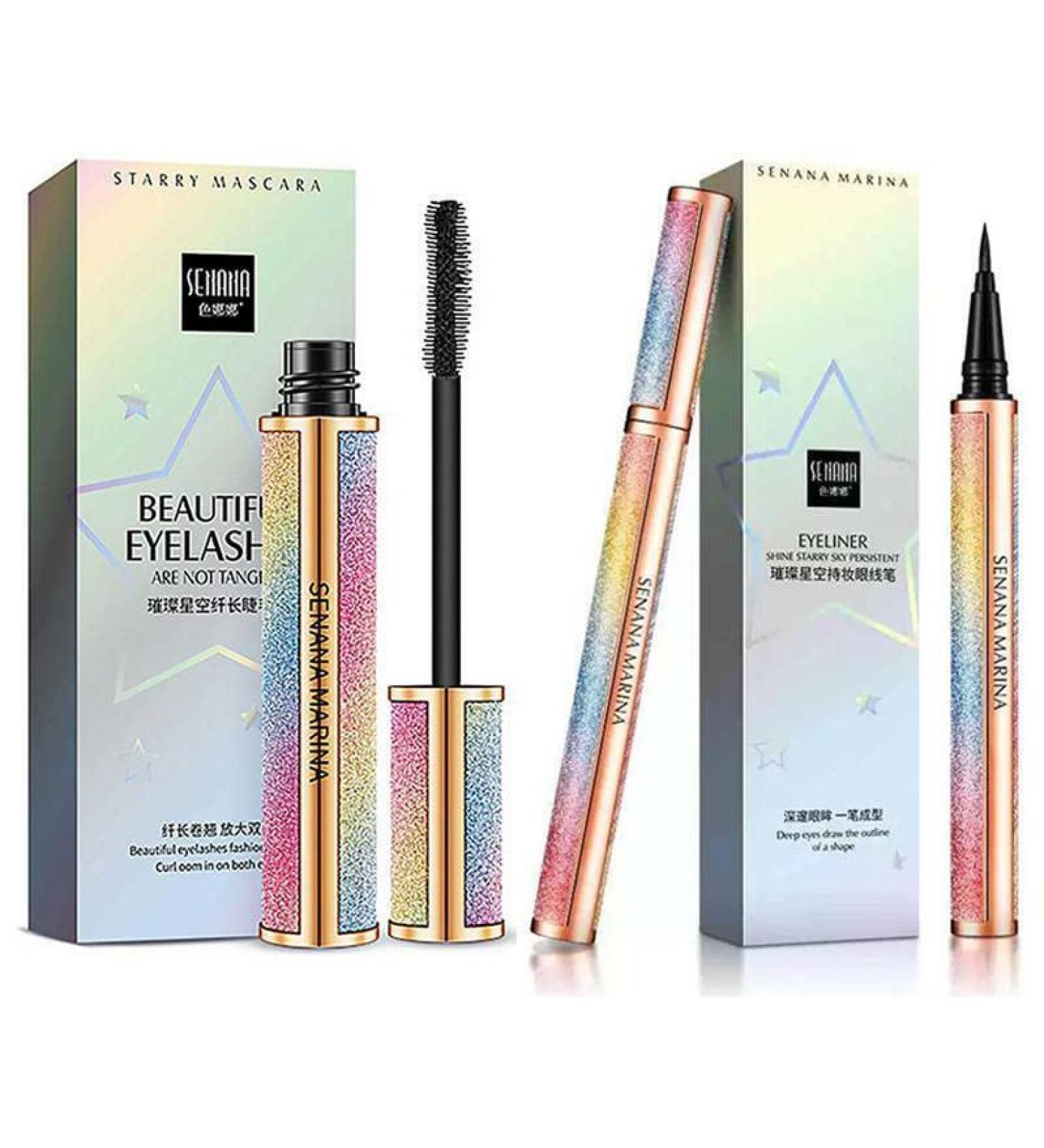 SENANA MARINA 4D Silk Fiber Lash Mascara & Eyeliner Set - Black Liquid Eyeliner Pencil/Waterproof Mascara for Volume and Length - No Clumping - Buy Online on GoSupps.com