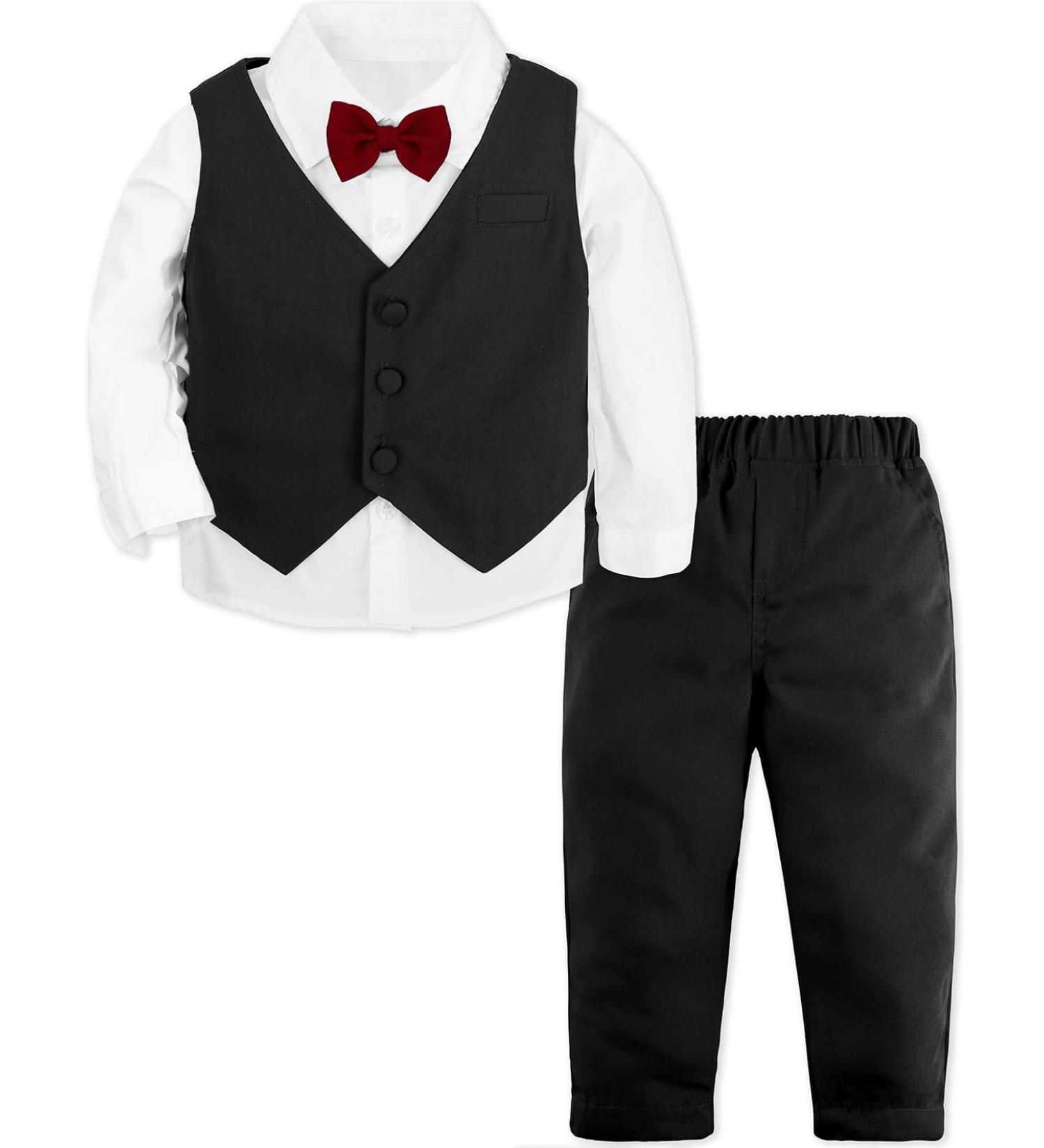 Mint Green Baby Boys Gentleman Suit Set | Long Sleeve Shirt with Bowtie + Waistcoat + Pants | Solid Black | Size 3-4 Years - Buy Online on GoSupps.com