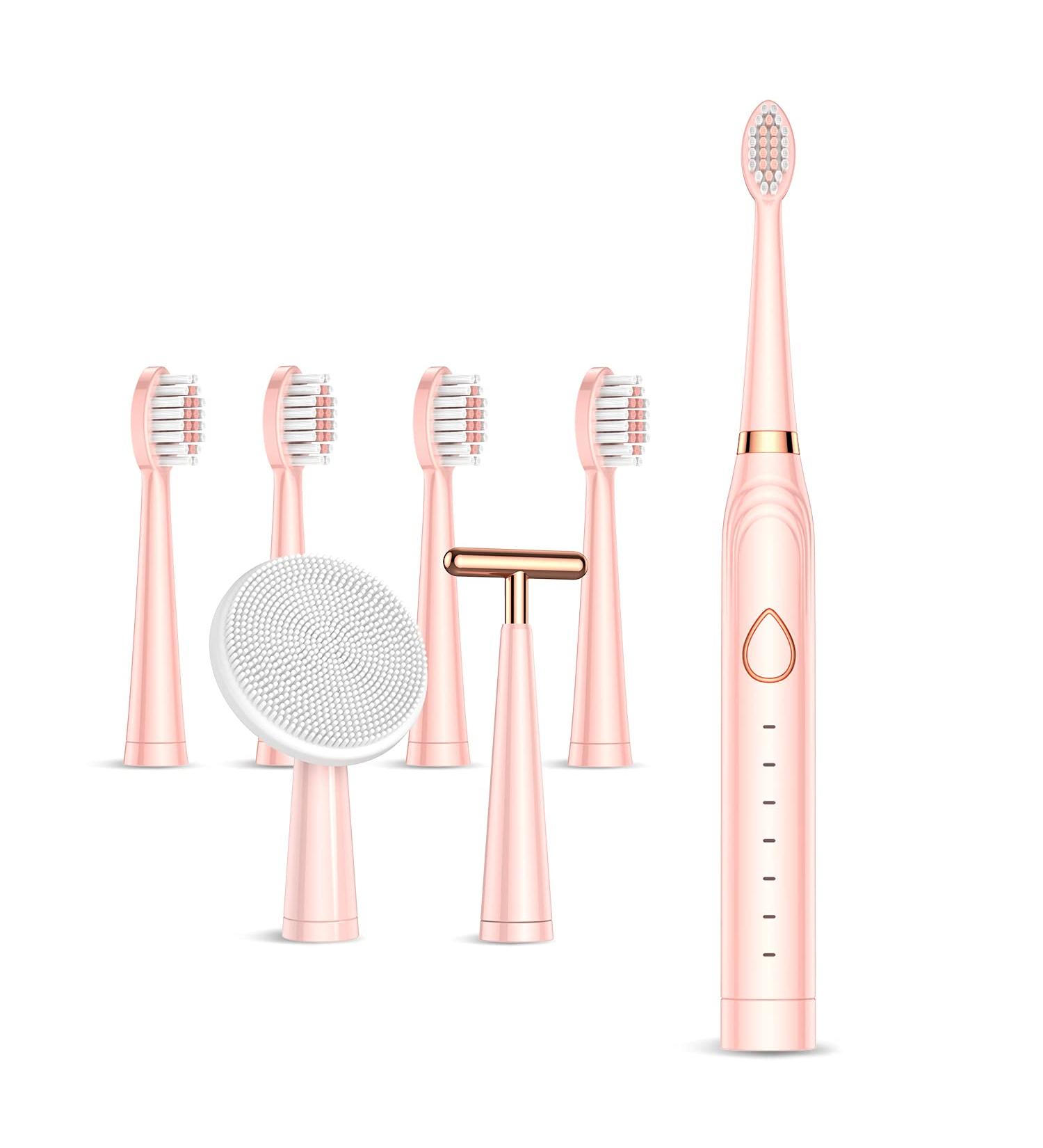 HAXAYOLO Sonic Electric Toothbrush - USB Rechargeable, 6 Modes, 7 Brush Heads, Whitening - Pink - Buy Online on GoSupps.com