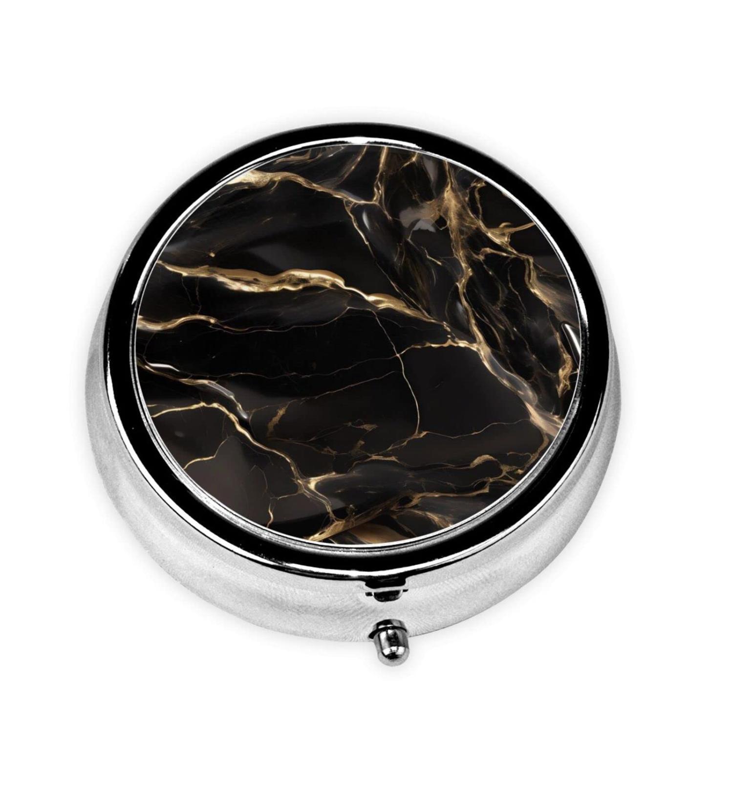 Black Gold Marble Round Pill Box | 3 Compartment Portable Organizer for Travel - Buy Online on GoSupps.com