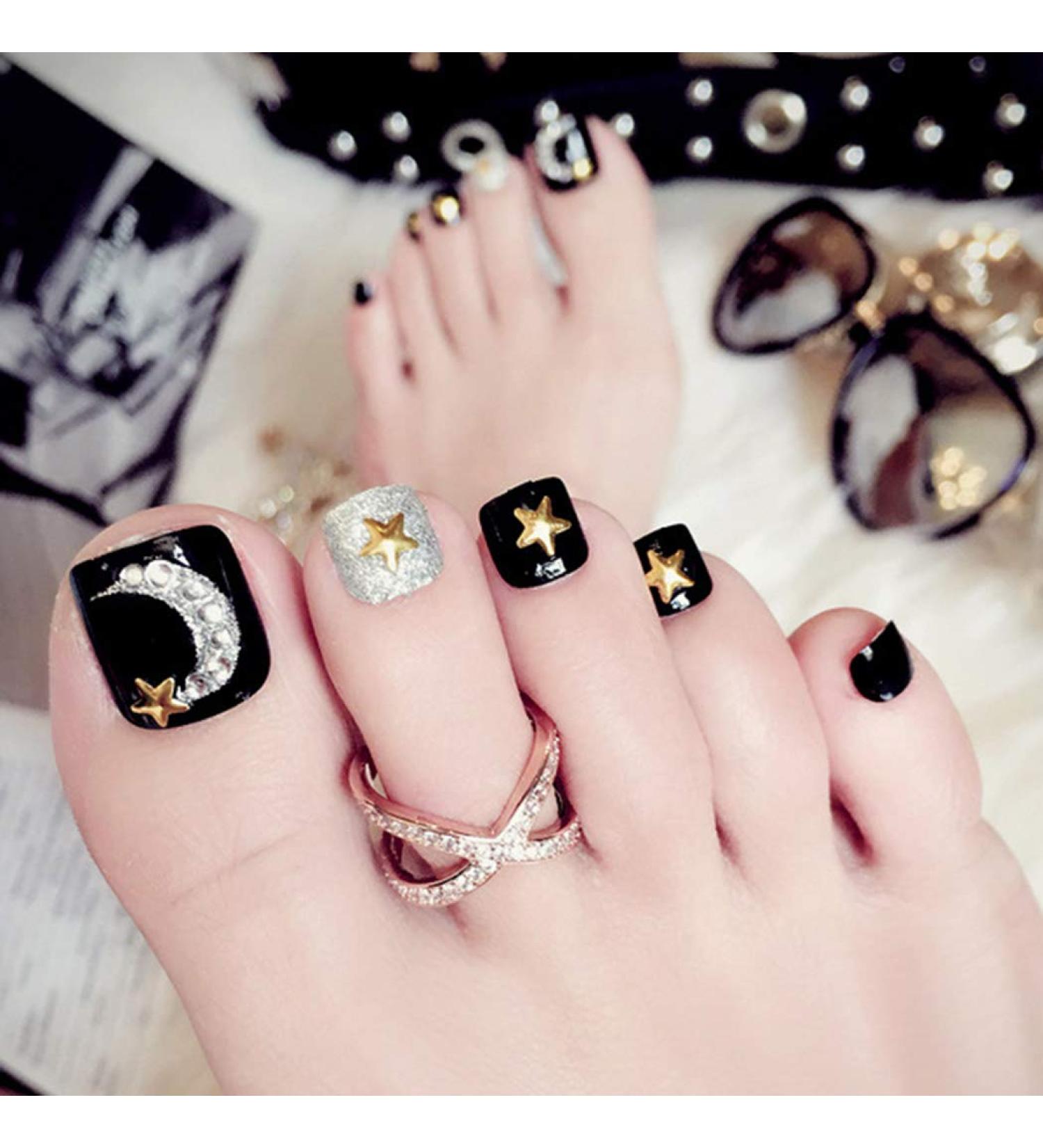 Sethexy 3D Bling Black Toenail Tips - 24 PCS Complete Cover Acrylic Moon Star Square Art for Women & Girls - Buy Online on GoSupps.com
