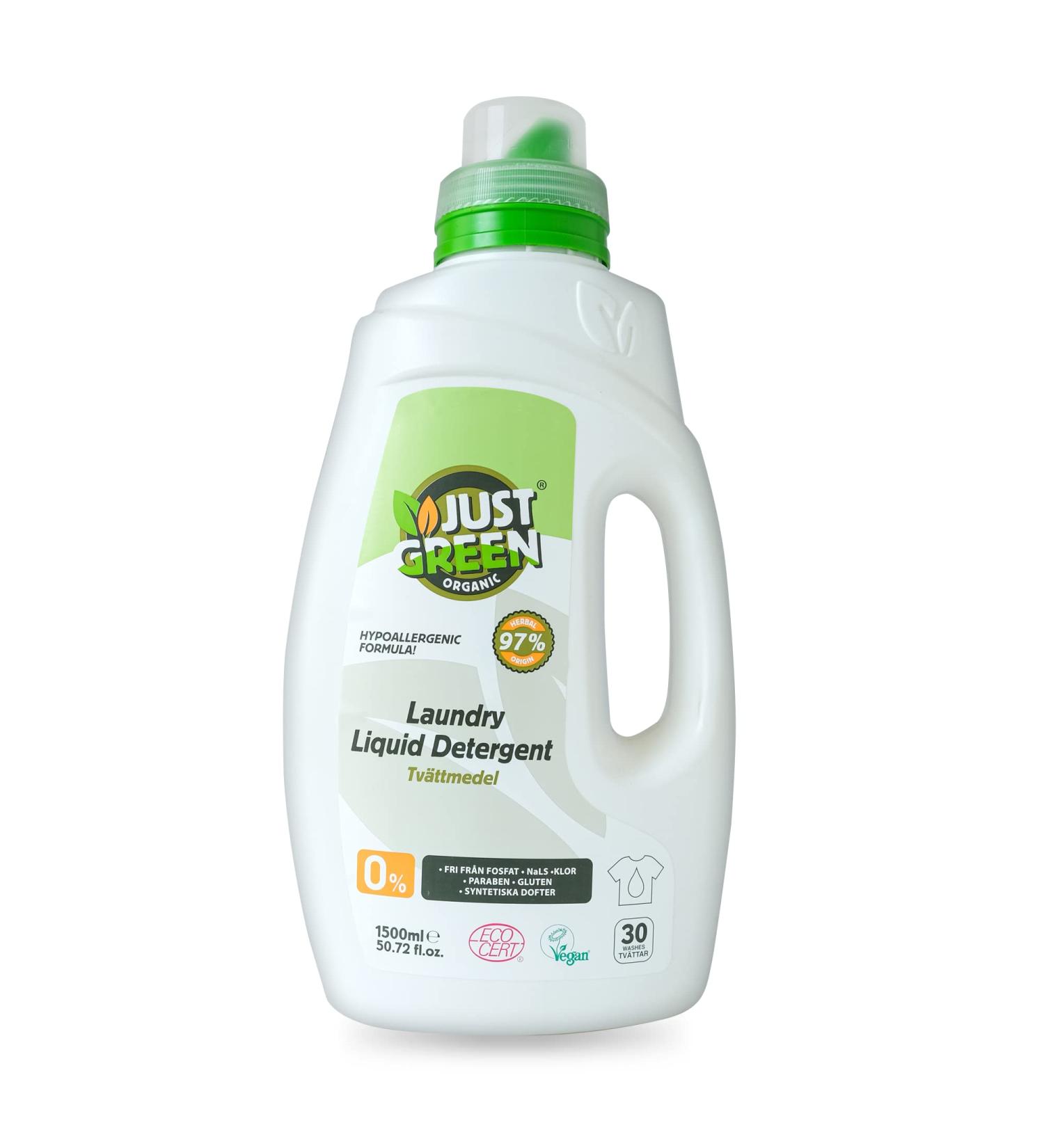 Just Green 1500ml Organic Laundry Liquid - Non-Toxic, Vegan & Eco-Friendly Detergent - Safe for Babies - Recyclable Packaging - Buy Online on GoSupps.com