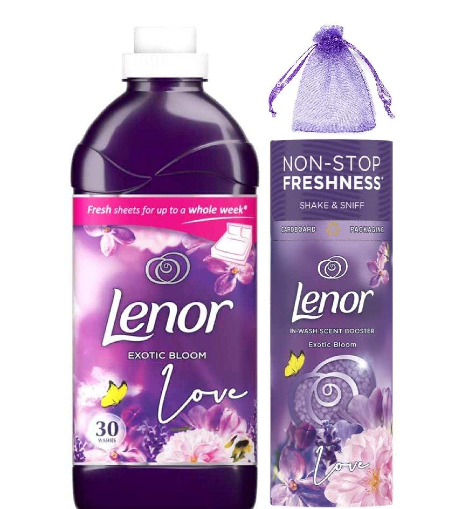 Lenor Exotic Bloom Scent Bundle Pack: Fabric Conditioner 30Washes 1.05L + in-Wash Scent Booster Beads 176gr + Our Gift for You: Organza Bag Size: 9 x 7 x 0.1cm - Buy Online on GoSupps.com