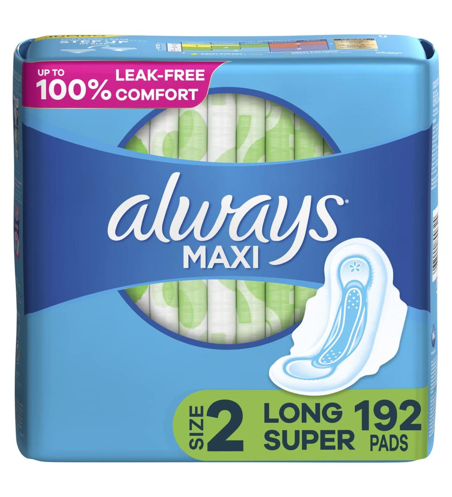 Always Maxi Size 2 Long Super Absorbency Pads Multipack, 192 Count Total - Unscented with Wings - 6 Packs of 32 - Buy Online on GoSupps.com