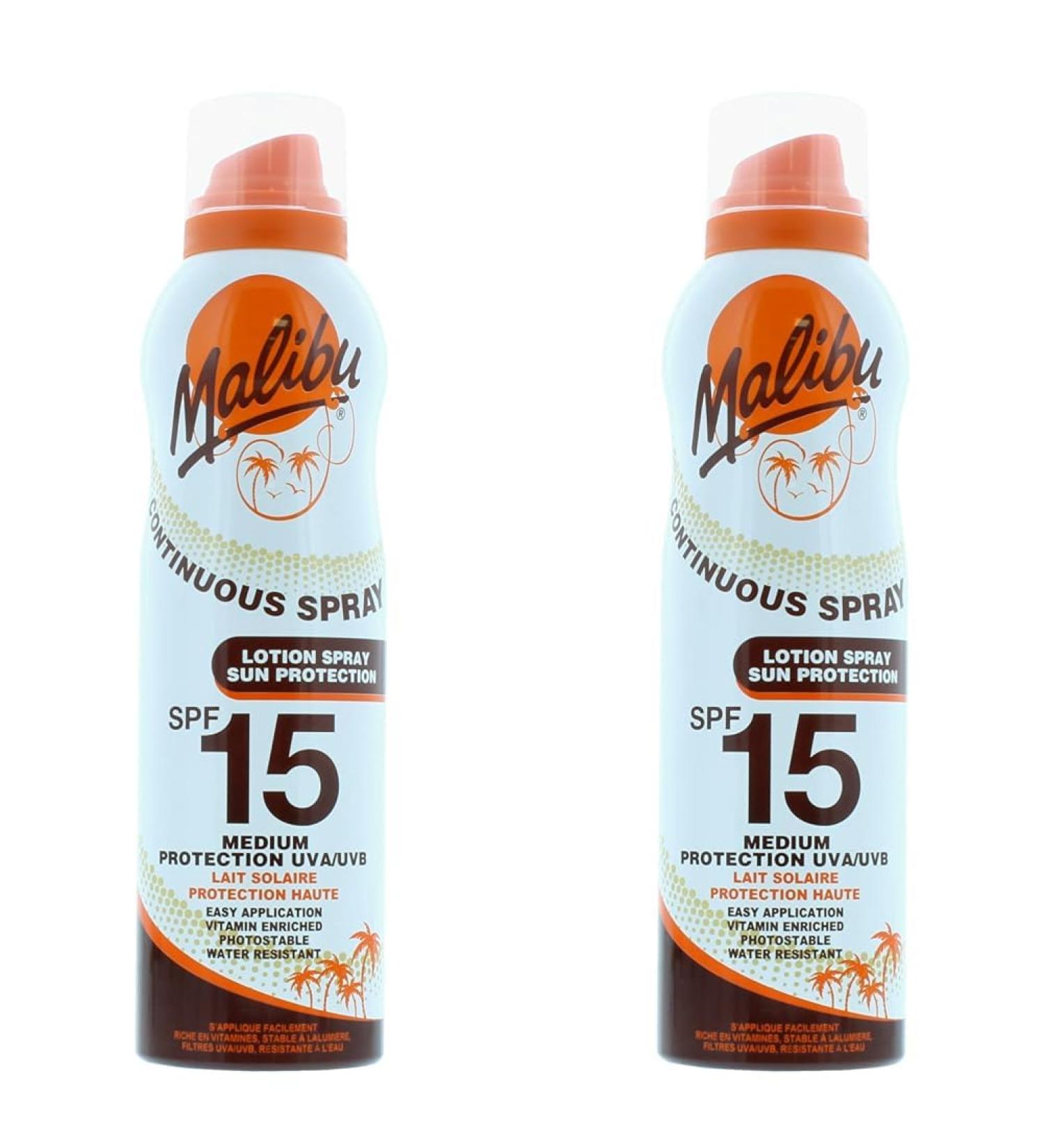 Malibu Sun SPF 15 Continuous Lotion Spray Sunscreen Vitamin Enriched Water Resistant 175ml (Pack of 2) 175 ml (Pack of 2) SPF 15 - Buy Online on GoSupps.com