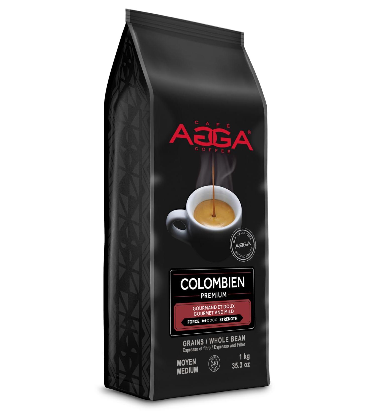 Caf Agga - Colombian Premium - Whole Bean Coffee - 100% Arabica - Medium Roast Coffee - BRCGS & Kosher Certified - 2/6 Intensity - Gourmet & Mild - 1 Kg (2.2 lbs)