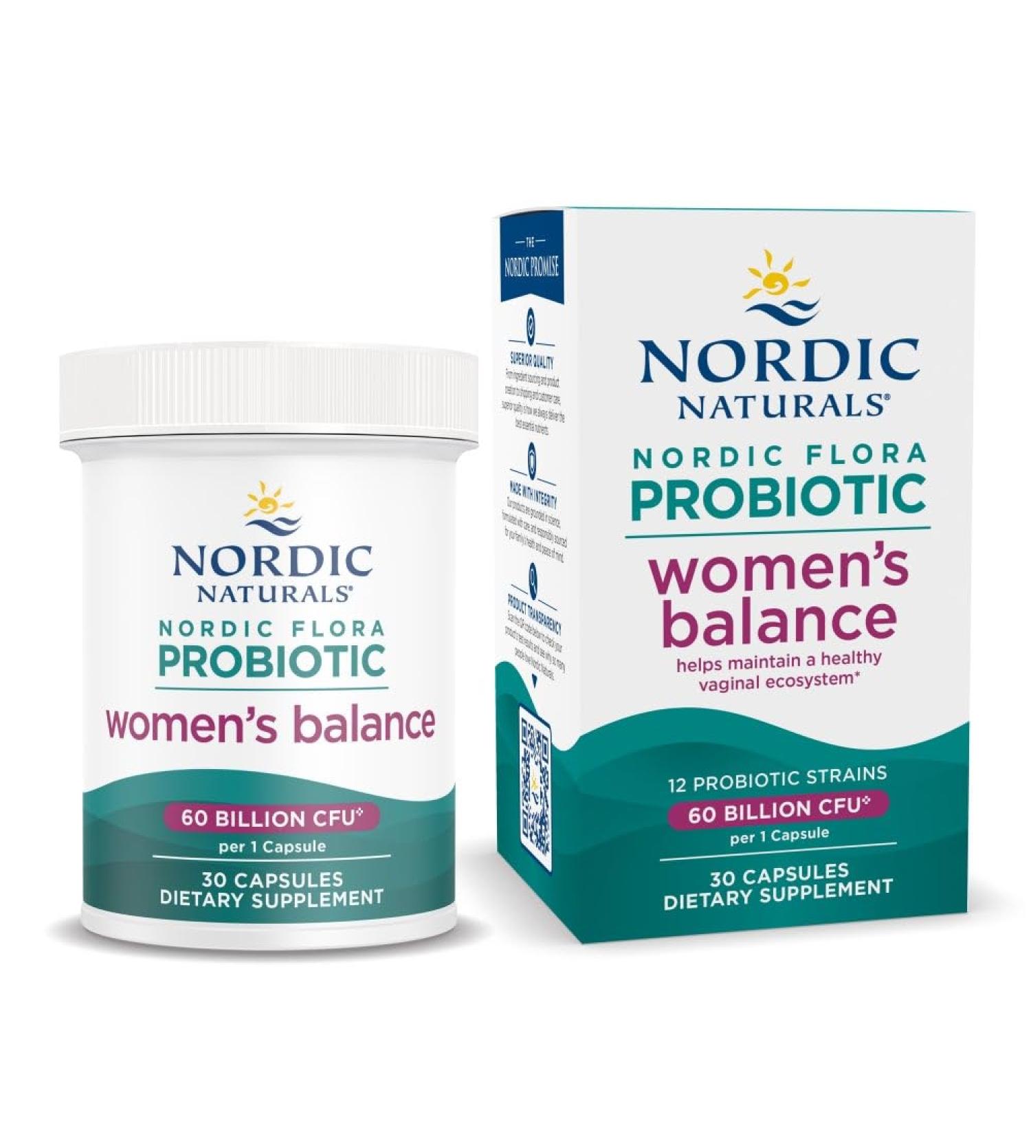 Nordic Naturals Nordic Flora Probiotic Women's Balance - 30 Capsules - 12 Probiotic Strains with 60 Billion Cultures - Intestinal Support Vaginal Health - Vegan - 30 Servings Women's Balance 30 Count - Buy Online on GoSupps.com